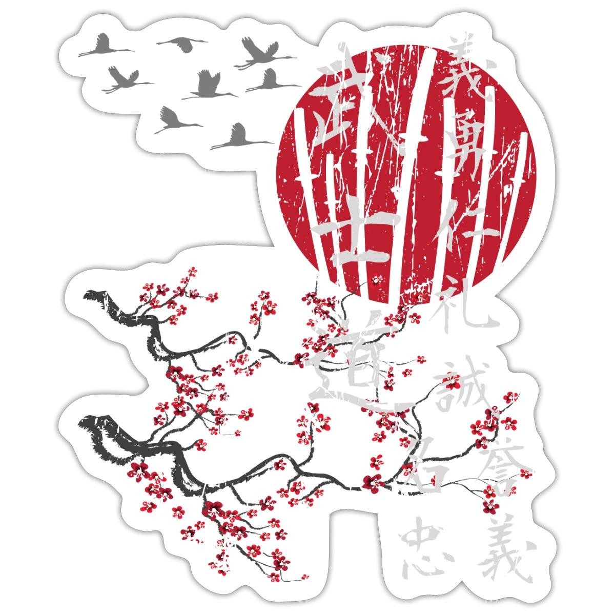 Spreadshirt Aufkleber Japanische Kirschblüte Sonne Kraniche Sticker Aufkleber