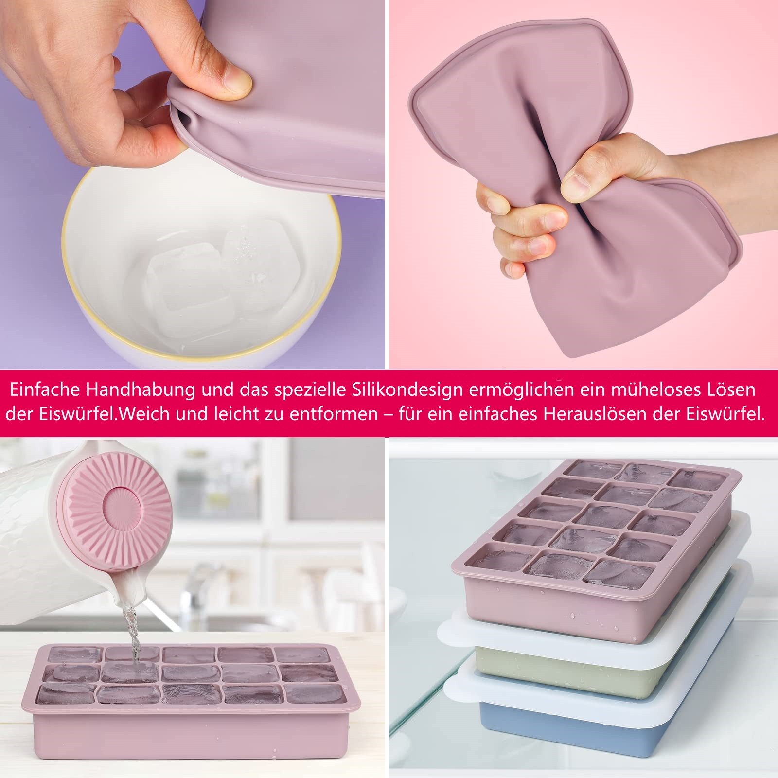 FOUORTUNATE-BEE Eiswürfelform Silikon Eiswürfelform Set mit Deckel 45 Würfel Whisky Formen, Eiswürfelform mit Deckel für Whisky Cocktail Eiswürfel Formen