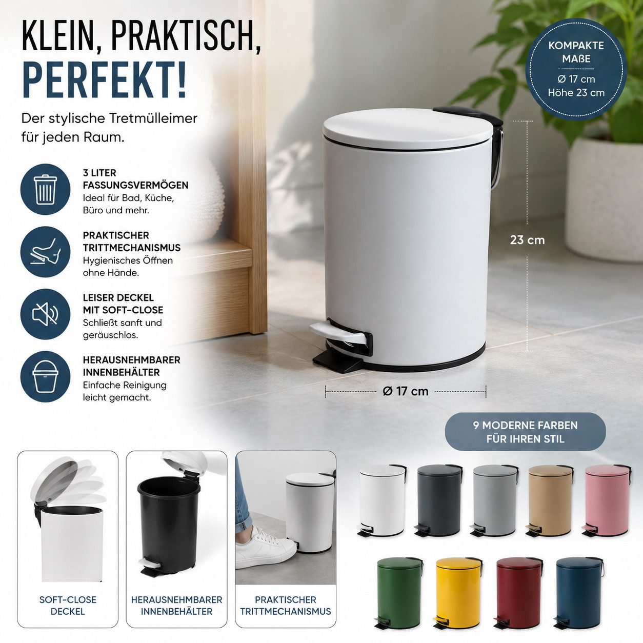 Urban Living Kosmetikeimer 3 Liter Tretmülleimer Abfalleimer Mülleimer Tretpedal Absenkautomatik, Hygienische Pedalbedienung, herausnehmbarer Eimer mit Henkel – Bild 4 von 4
