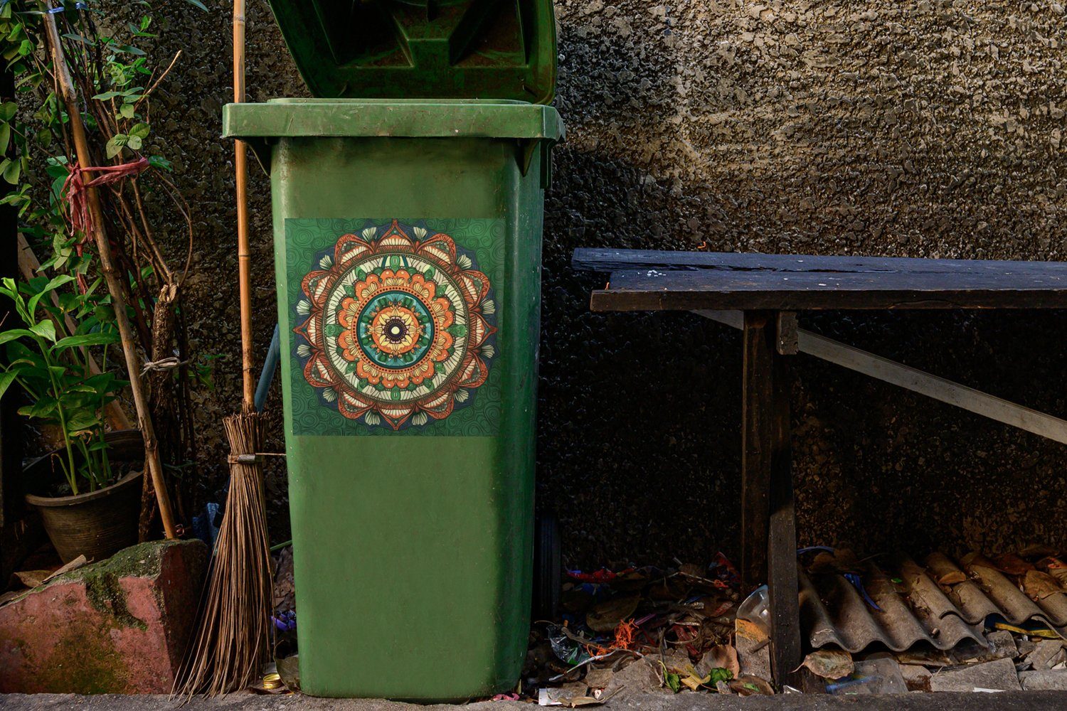 St), Sticker, Hippie Orange (1 MuchoWow Mülleimer-aufkleber, Mandala Wandsticker Blumen - Container, - Mülltonne, Abfalbehälter -