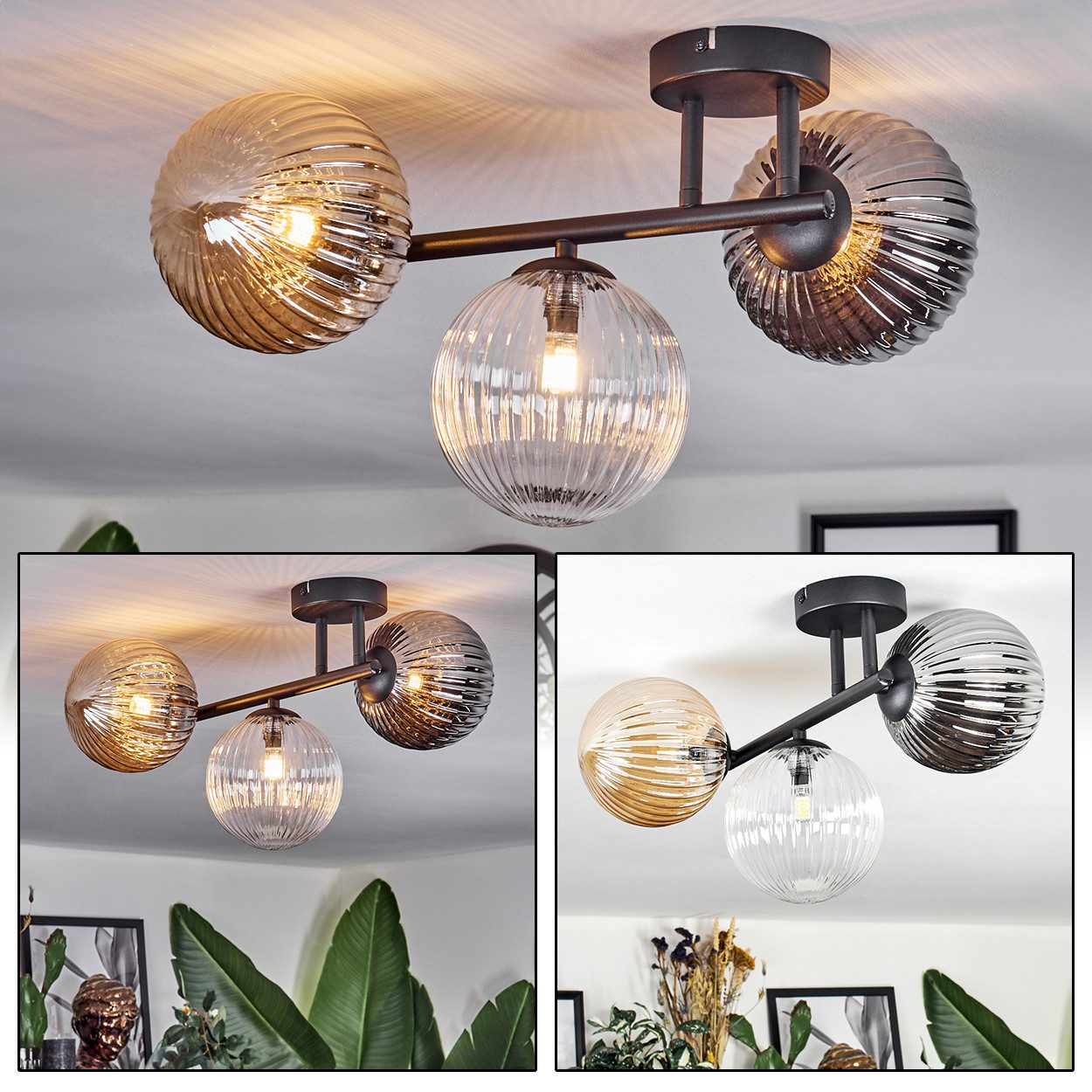 hofstein Deckenleuchte Deckenlampe aus Metall/Riffelglas in Schwarz/Bernste günstig online kaufen