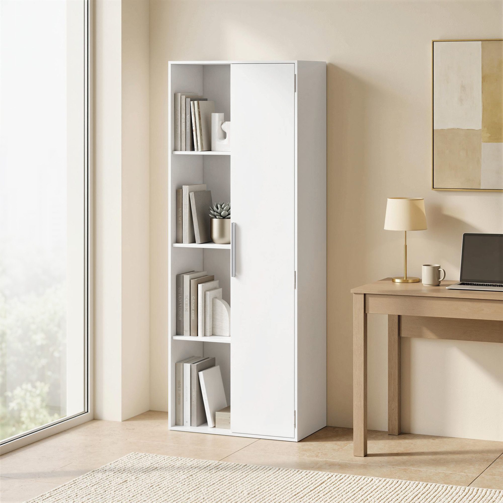 HOMCOM Bücherregal Aktenschrank, 7 Ebenen, Türen, offene Regale, verstellbare Ablagen, Bücherschrank 1-tlg., 60 x 35 x 160 cm für Büro, Wohnzimmer, Schlafzimmer, Weiß