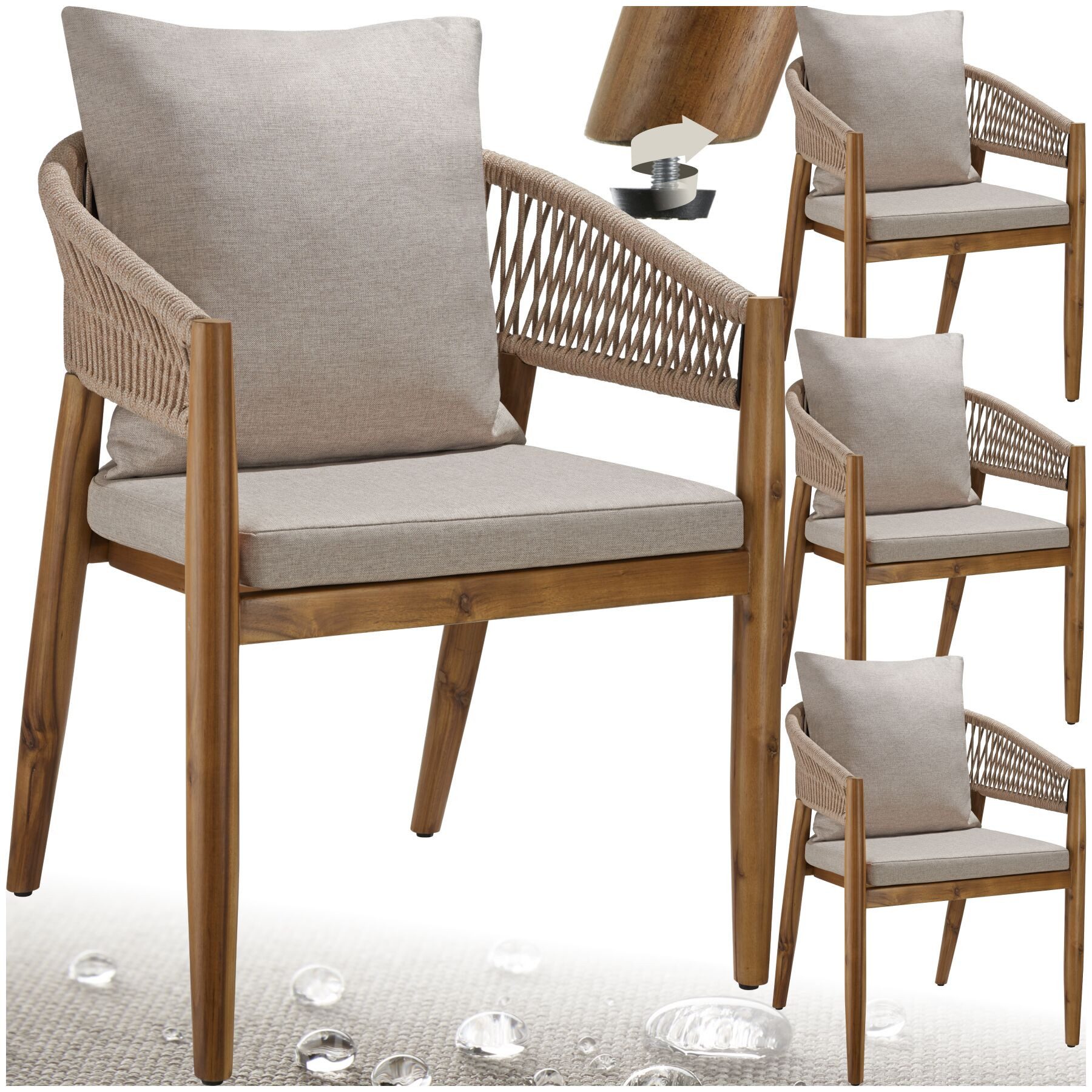 tectake Gartenstuhl Outdoor-Sessel Akazienholz, wetterfest, Rope-Design, verstellbare (Outdoostuhl Manacor, 4 St), Wasserabweisende Bezüge, abnehmbar, Inkl. Sitzpolster und Rückenkissen