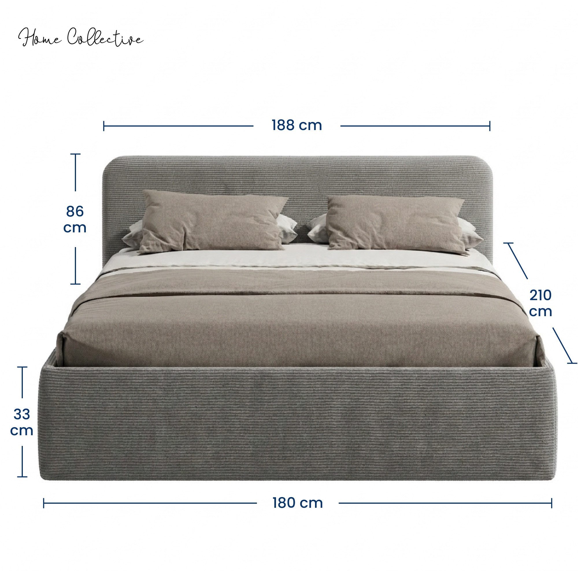 Home Collective Polsterbett Bett mit Stauraum, verstellbarem Lattenrost, viele Größen (Größen: 100x200 120x200 140x200 160x200 180x200 200x200, hochwertiger Kordstoff, made in Germany), wählbare Matratze Federkern oder Kaltschaum, Grau