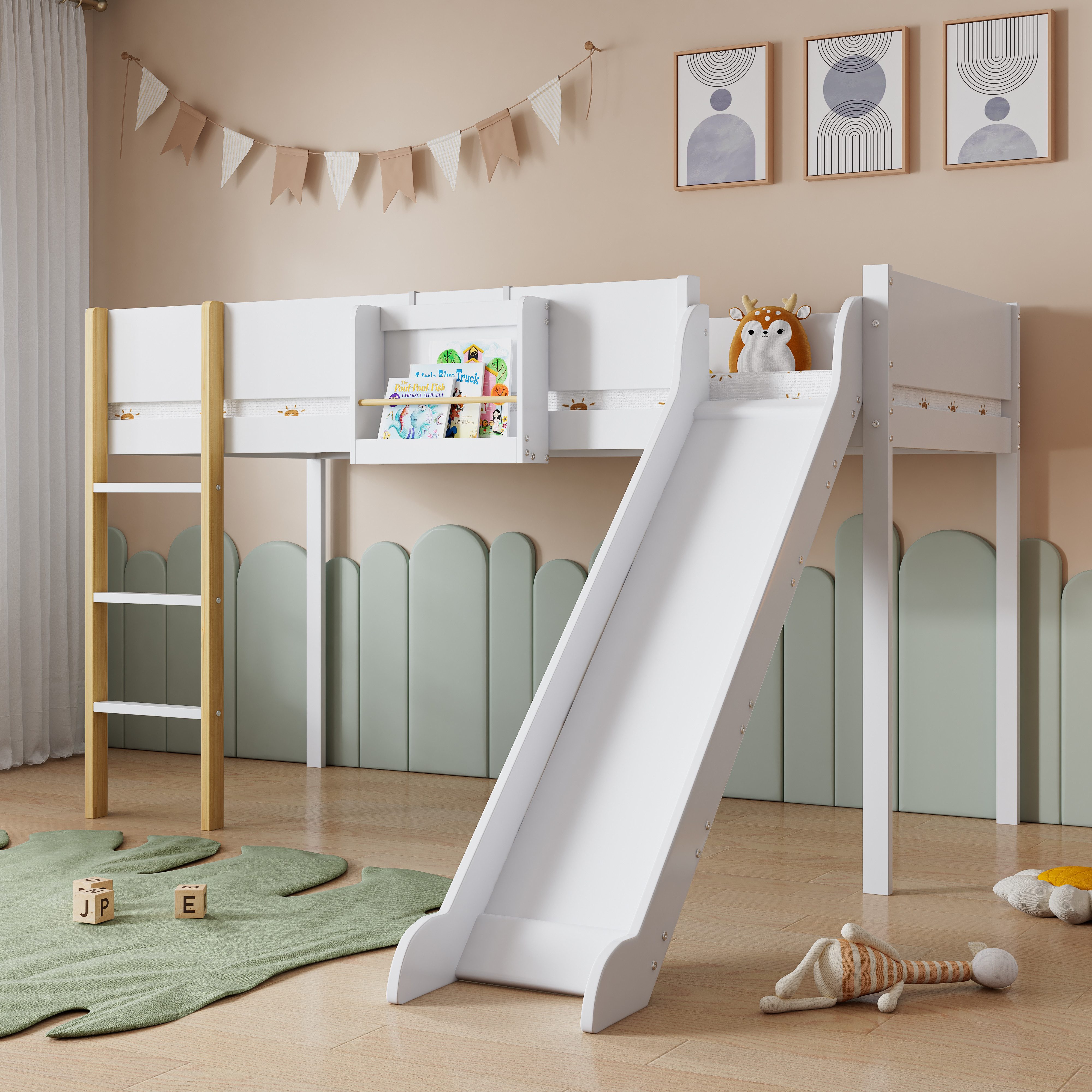 IDEASY Hochbett 90x200cm, Etagenbett mit dreistufiger gerader Leiter, Kinderbett (Jugendbett mit Rutsche, Kiefer+MDF, Weiß+Natur) Holzbett mit abnehmbarem Regal, ohne Matratze
