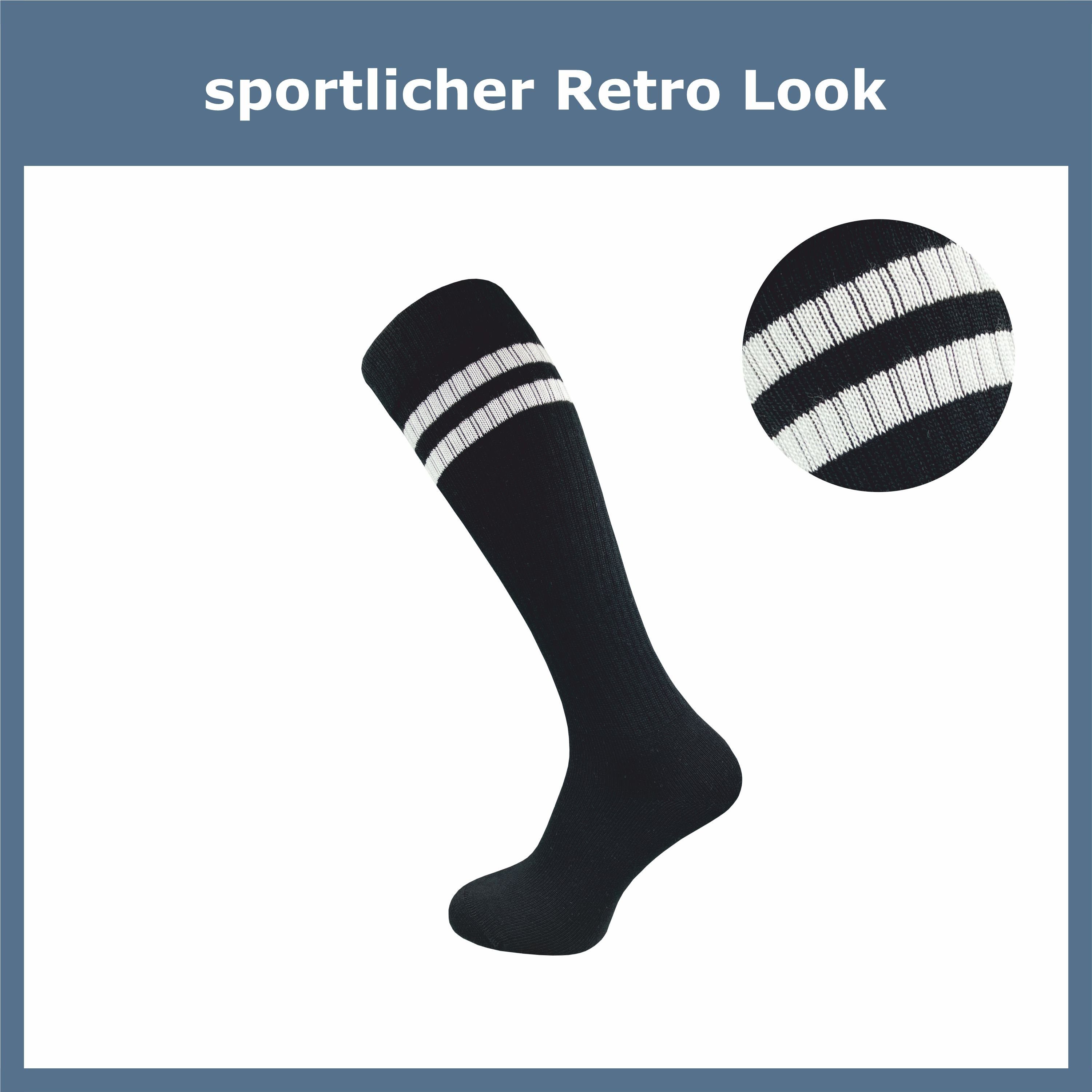 GAWILO Kniestrümpfe Retro für Damen mit stylischen Streifen, weiß & schwarz, aus Baumwolle (2 Paar) Knielange Socken im sportlichen Look - auch zum Wandern geeignet