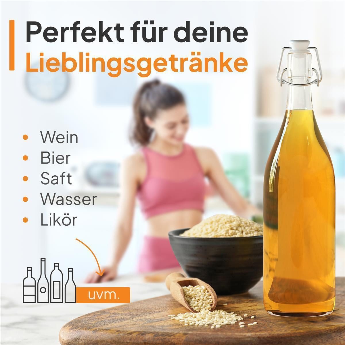 Flaschen-Fuchs Vorratsdose 1000ml Flaschen zum Befüllen Bügelverschluss Schnaps Likörflaschen, Glas, (6er Set) – Bild 5 von 5