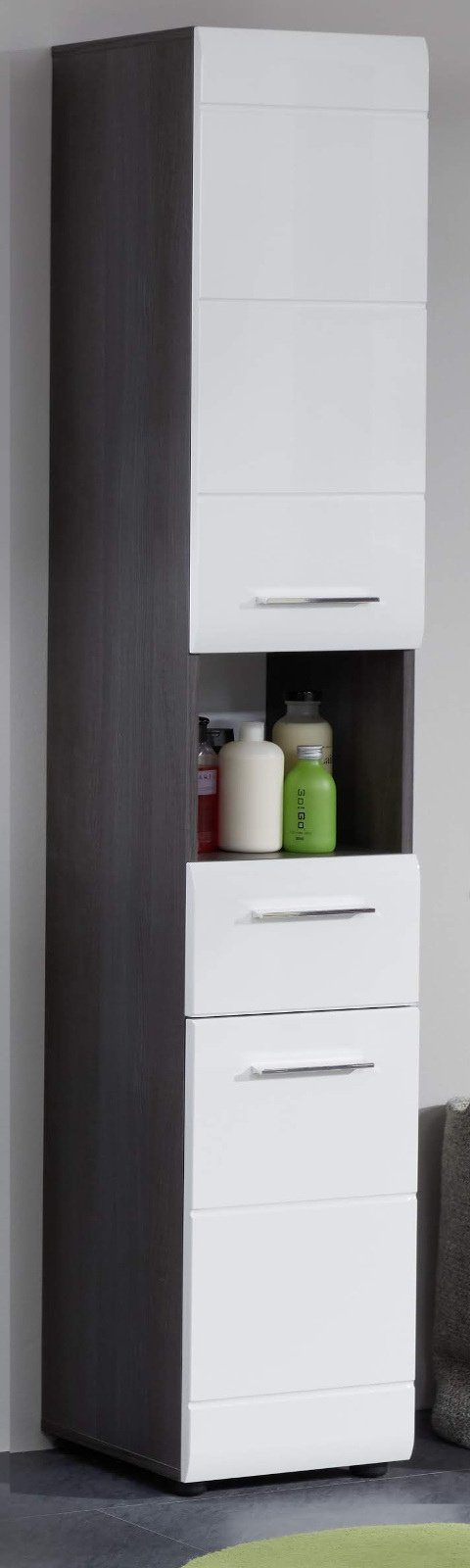 6 Fächern und Hochschrank grau Line cm) mit Hochglanz in Rauchsilber, weiß 182 (Badschrank trendteam x 30