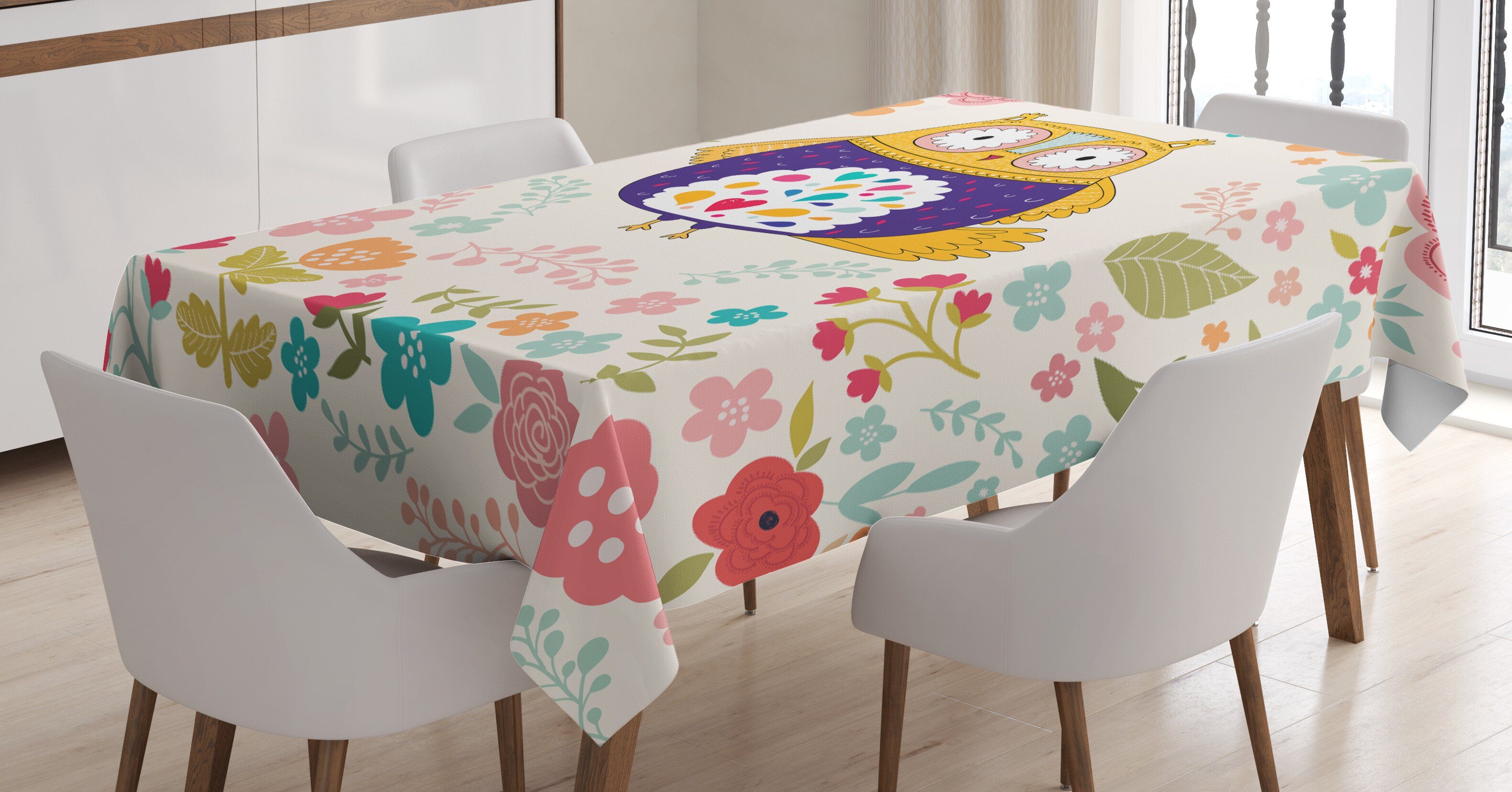 Blumen Farben, Bereich Farbfest geeignet Außen Für Tischdecke Eule Abakuhaus Waschbar den Bunter und Vogel Klare