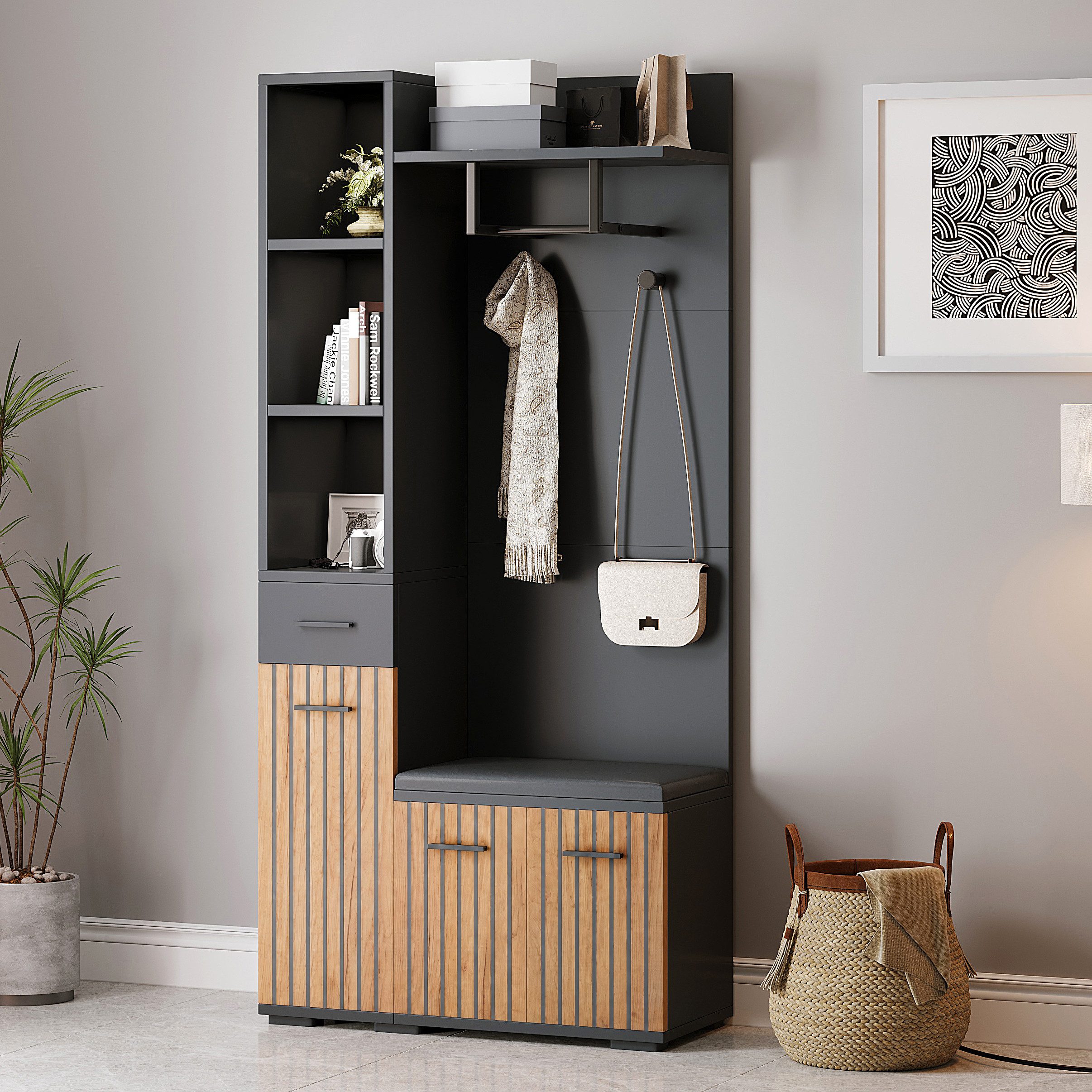 Merax Garderoben-Set 7-in-1 Kompaktgarderobe Flurmöbel in Schwarz-Holz, (Garderobenkombination Möbelset, 1-St., 80x35x175 cm), Sitzbank Schränken Schublade Ablagefächer Kleiderhaken Wäscheständer