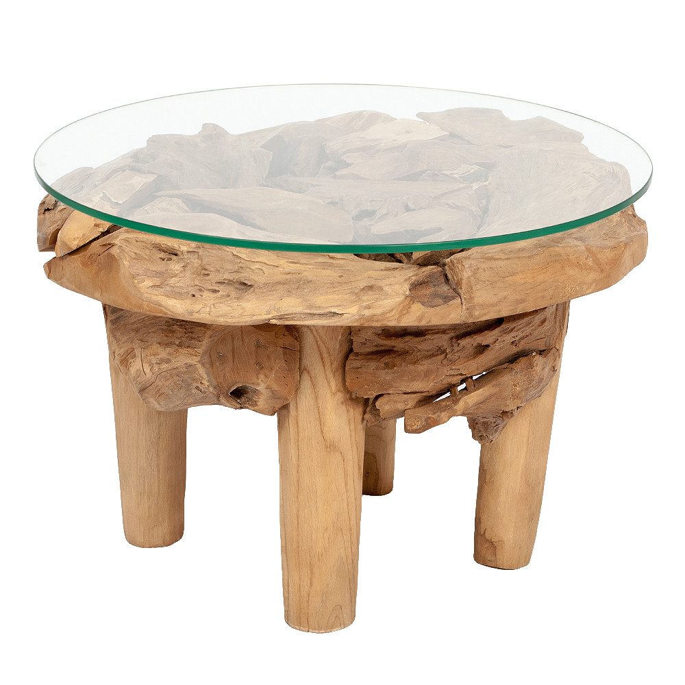 LebensWohnArt Couchtisch Teakwurzel Couchtisch BOSCO 60cm Natural Massivholz Glasplatte