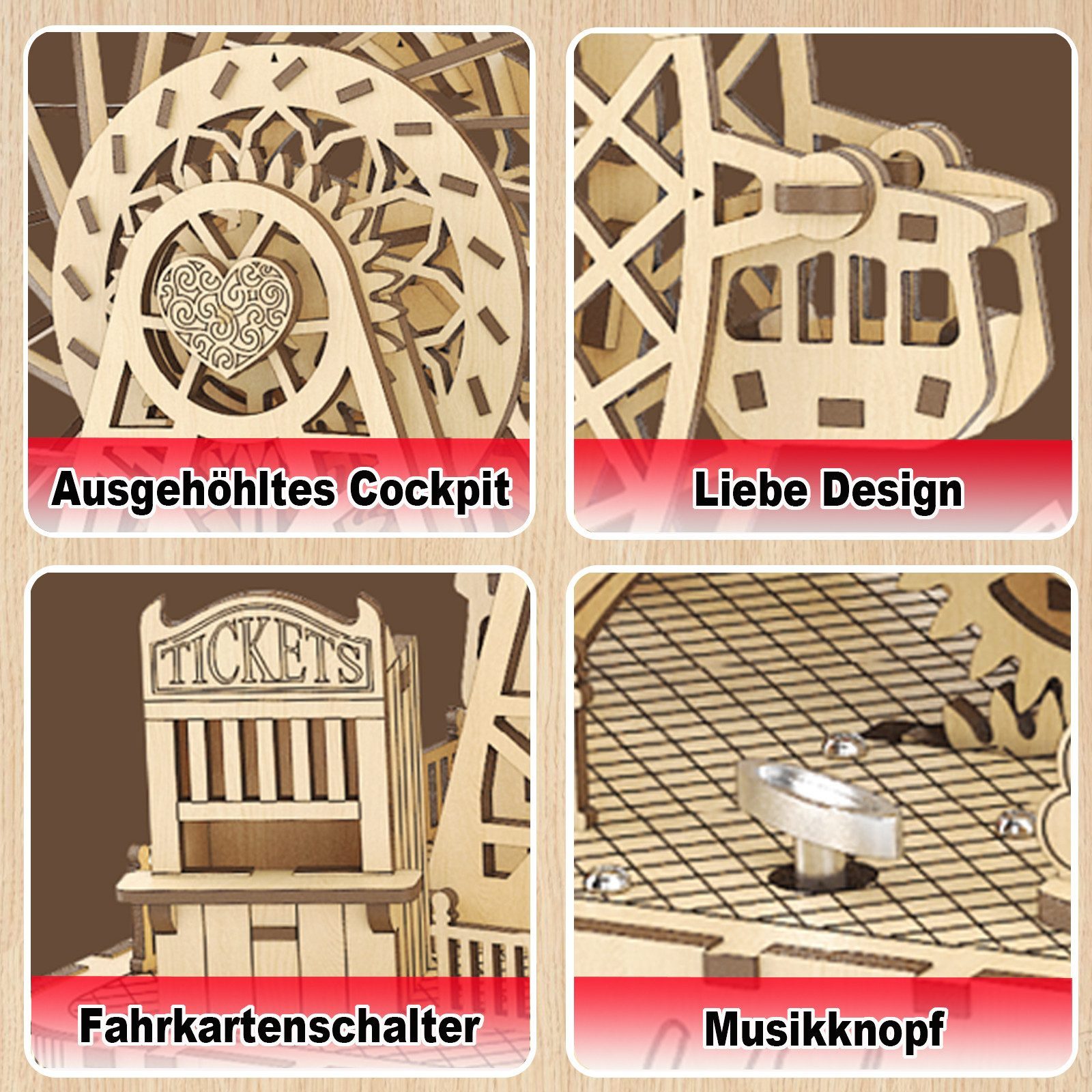 Esun 3D-Puzzle 3D Holzpuzzle, Rotierendes Riesenrad Modellbausatz mit Musik, 248 Puzzleteile, Mechanischer Holzbausatz zum Bauen, DIY Montage