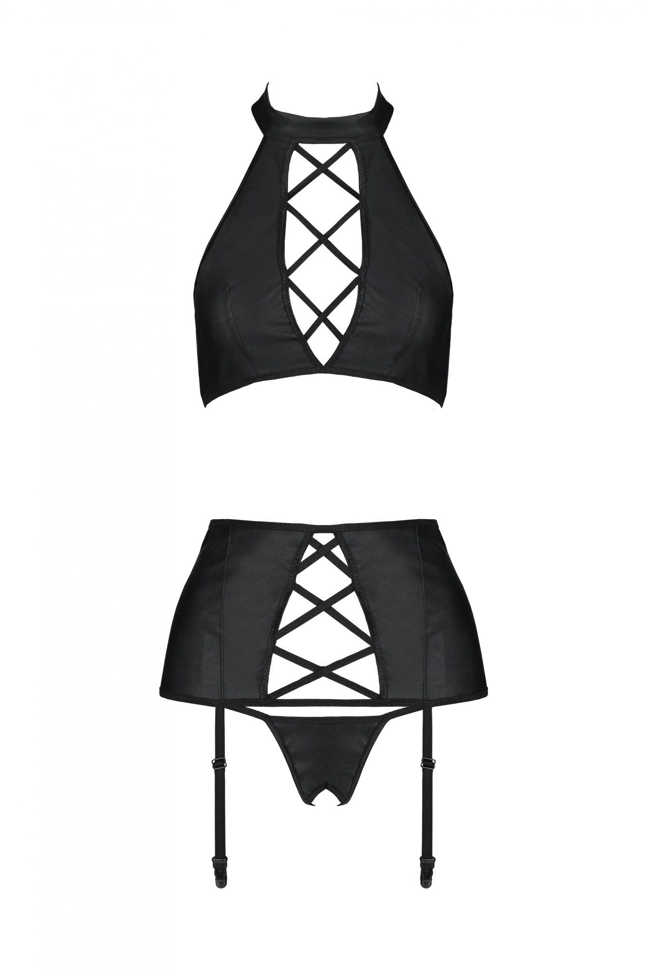Set: Dekolleté-BH Schwarzes Damen Dessous Set Neckholder BH Top, ouvert String und Strum
