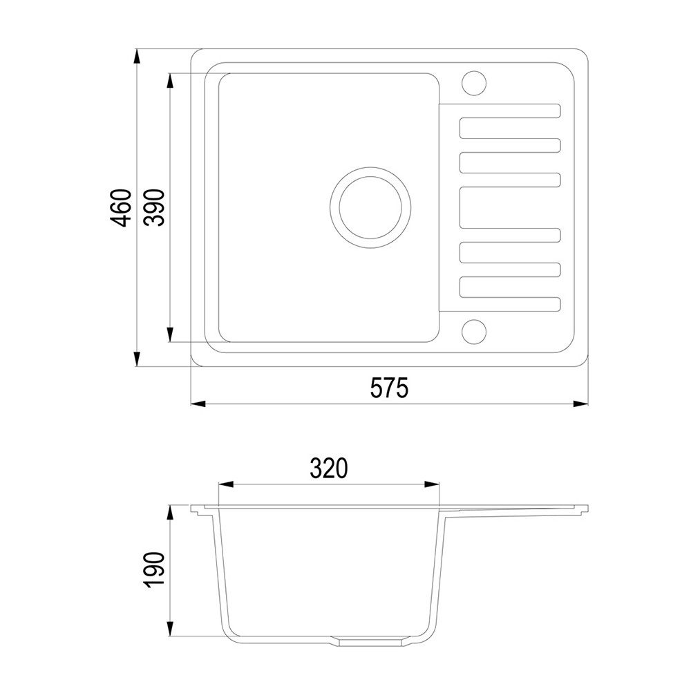 Bergstroem Granitspüle, Schwarz, 58 x 46 cm mit Trockenplatz, Rechteckig, 57.5/46 cm, beidseitig montierbar