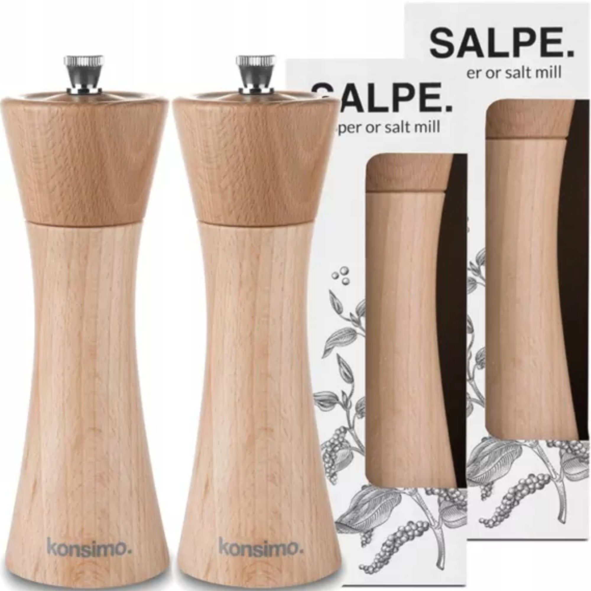 Konsimo Salz-/Pfeffermühle SALPE Gewürzmühlen Salzmühlen Pfeffermühlen 18 cm manuell, (2 Stück), Keramischer Mechanismus Buche geölt