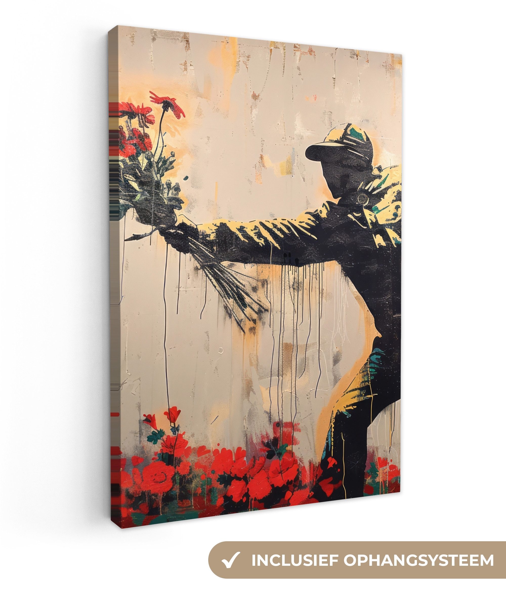 OneMillionCanvasses® Leinwandbild Straßenkunst - Mann - Blumen - Graffiti - Banksy-Stil, Fotodruck (1 St), Leinwand Canvas Wandbild, Wanddekoration 20x30 cm
