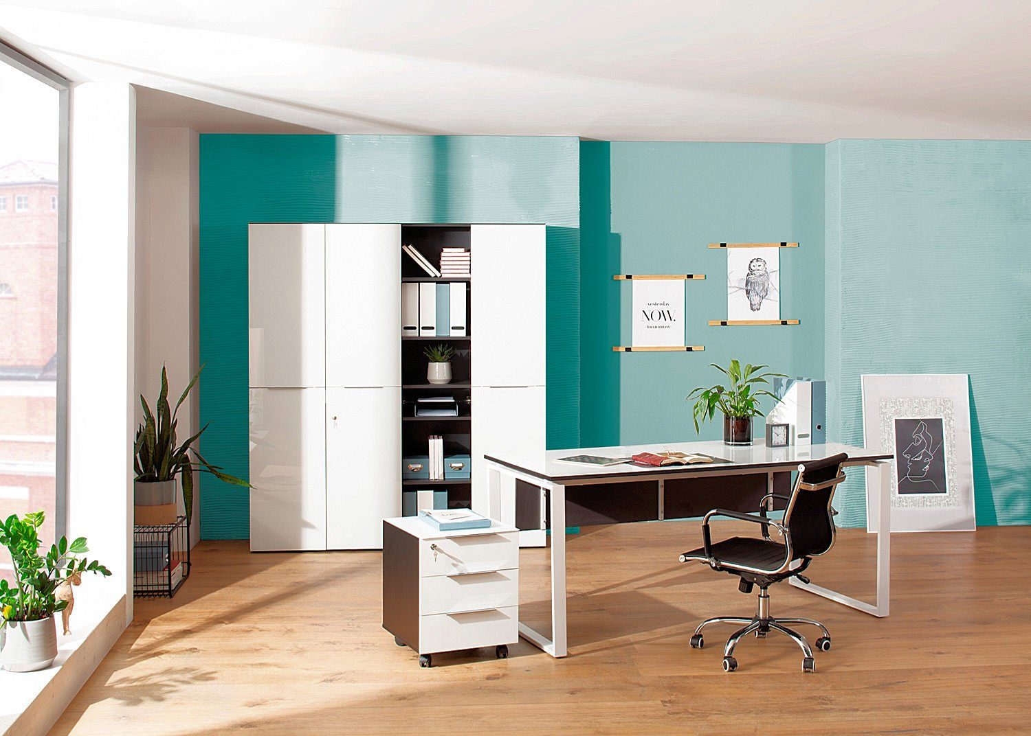 Maja Möbel Aktenschrank TRENDO Set 6 (Büromöbel-Set Büro Arbeitszimmer,  Schreibtisch + Rollcontainer + Aktenschrank) Fronten und Oberböden aus Glas