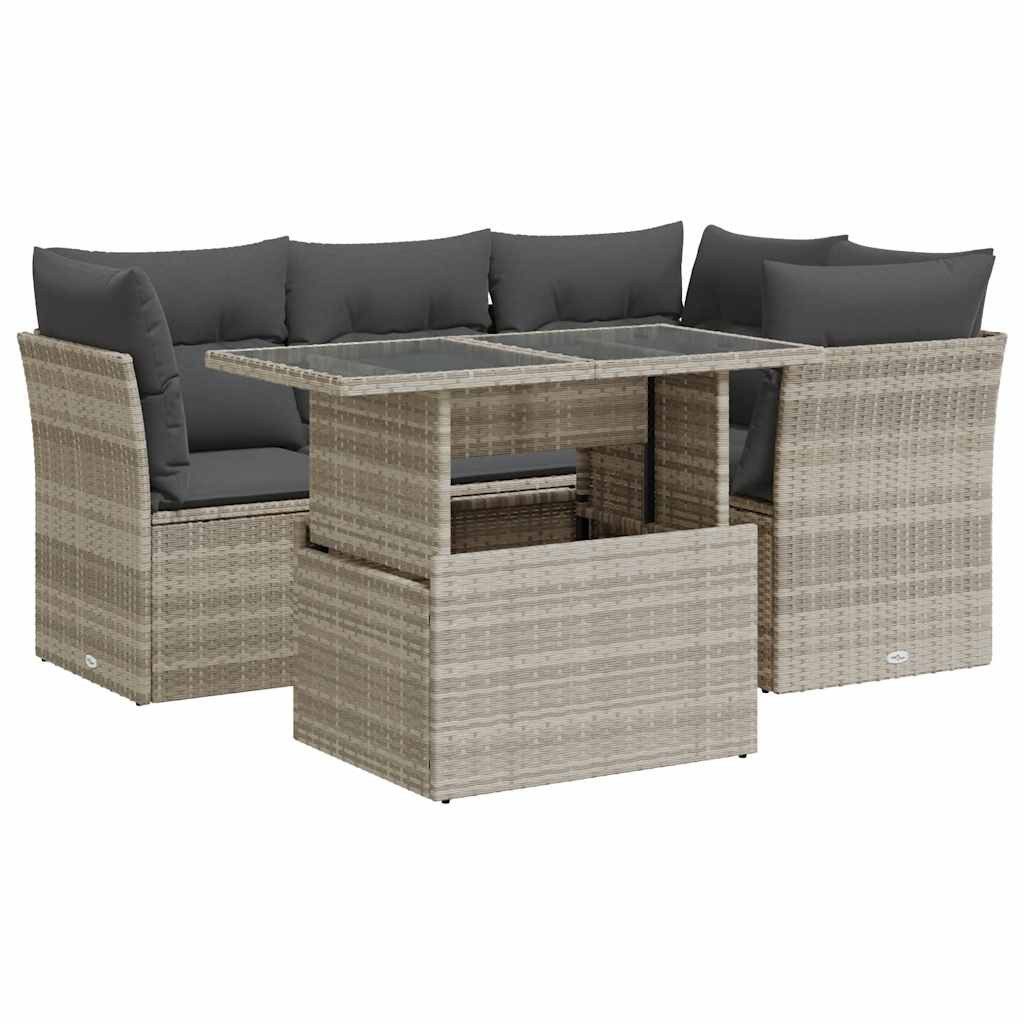 Gartenlounge-Set 5-tlg. Garten-Sofagarnitur mit Kissen Hellgrau Poly Rattan