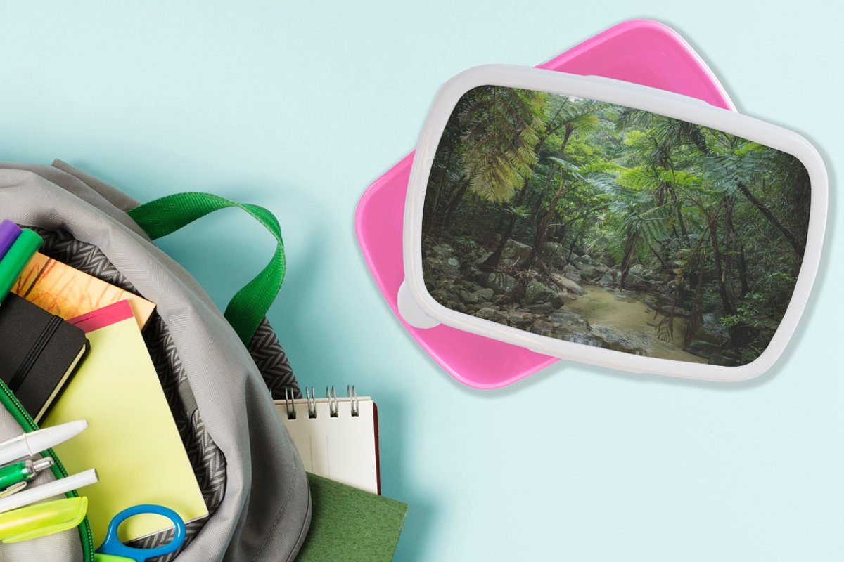 Kunststoff, Dschungel, im Mädchen, Snackbox, MuchoWow Brotdose Kunststoff Fluss (2-tlg), Kinder, Erwachsene, Brotbox tropischen für Lunchbox rosa