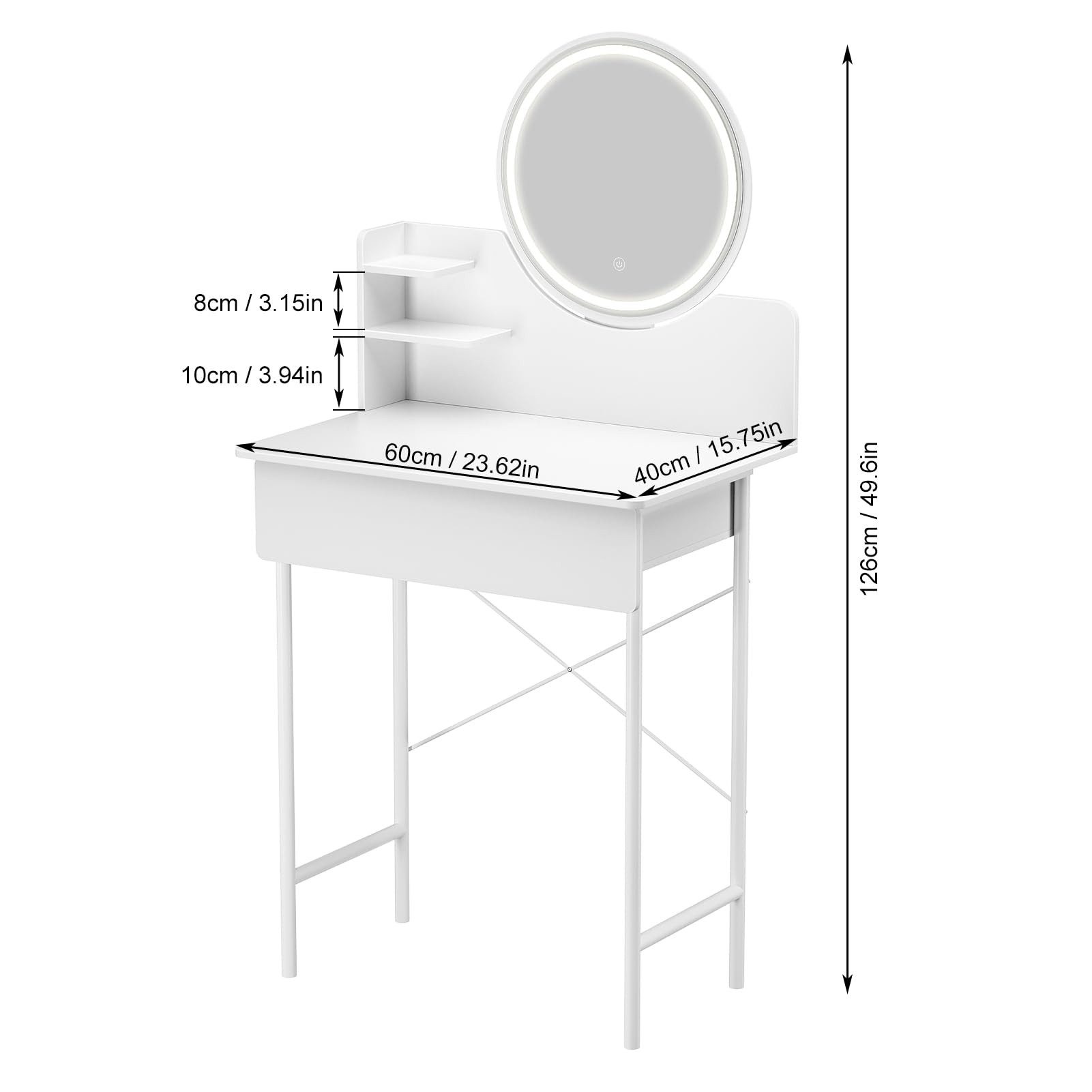 Rutaqian Schminktisch mit Spiegel und LED Beleuchtung,Verstellbare Helligkeit,Kosmetiktisch (1 x Schminktisch), Frisiertisch mit 1 Schubladen,2 Offenen Fächern,Modern,60 x 40x 126 cm