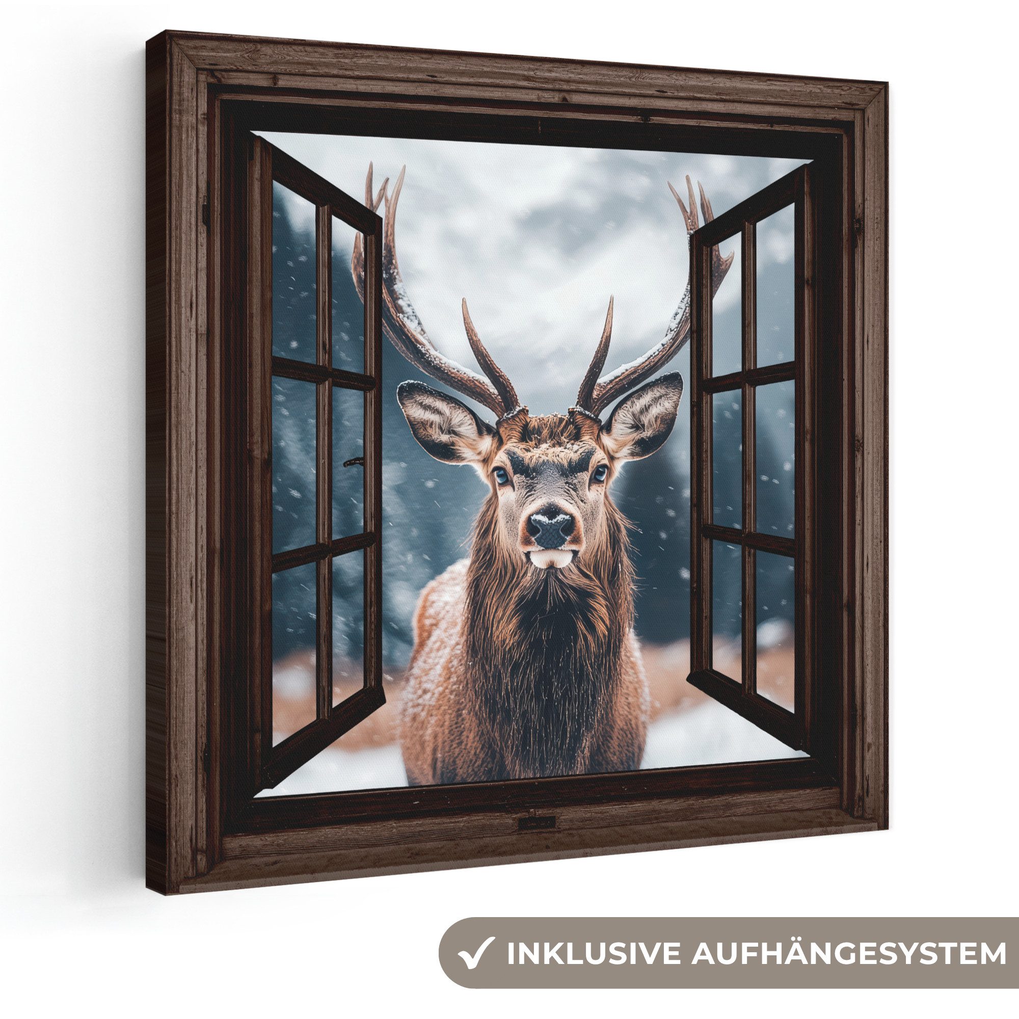 OneMillionCanvasses® Leinwandbild Fenster - Hirsche - Tiere - Landschaft - Winter - Schnee, Fotodruck (1 St), Wandbild, Deko Schlafzimmer Wohnzimmer Flur 20x20 cm
