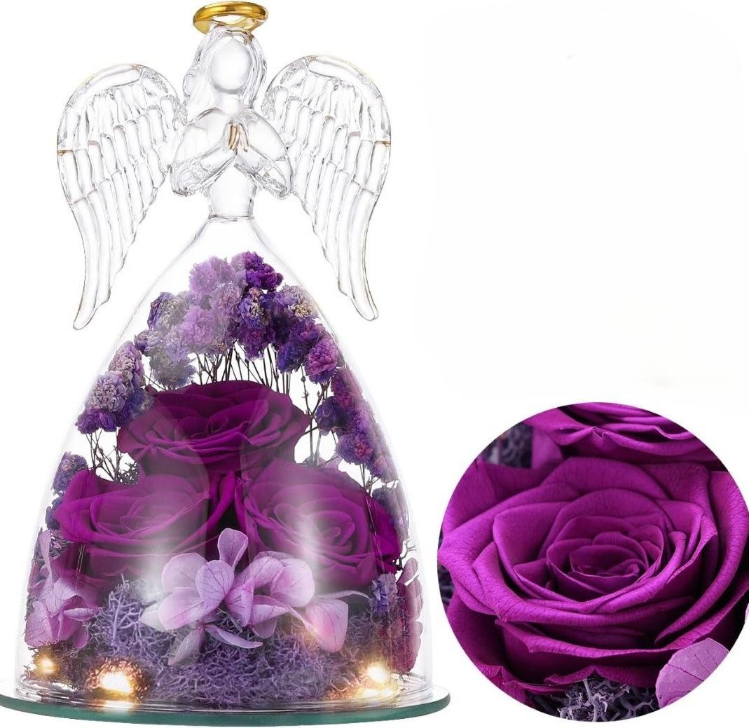 Kunstblume Engel-Glasfigur mit ewiger Rose – drei rote Rosen, LED-Lichter, Tidy