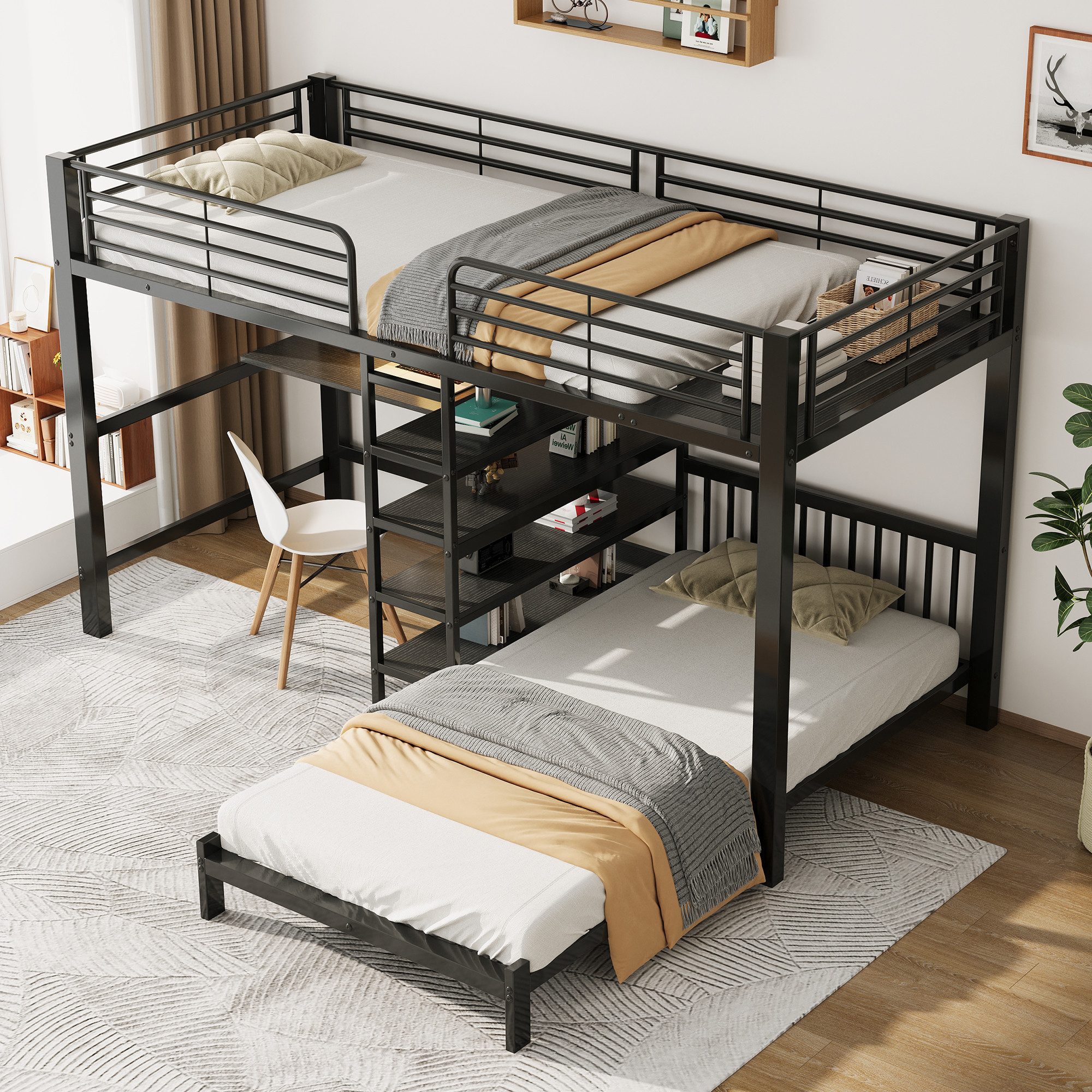 i@home Hochbett Zwei Schlafplätze Hochbett Eisenrahmen (Packung Set) mit USB- und Type-C-Schnittstelle EN747 zertifiziert Ohne Matratze