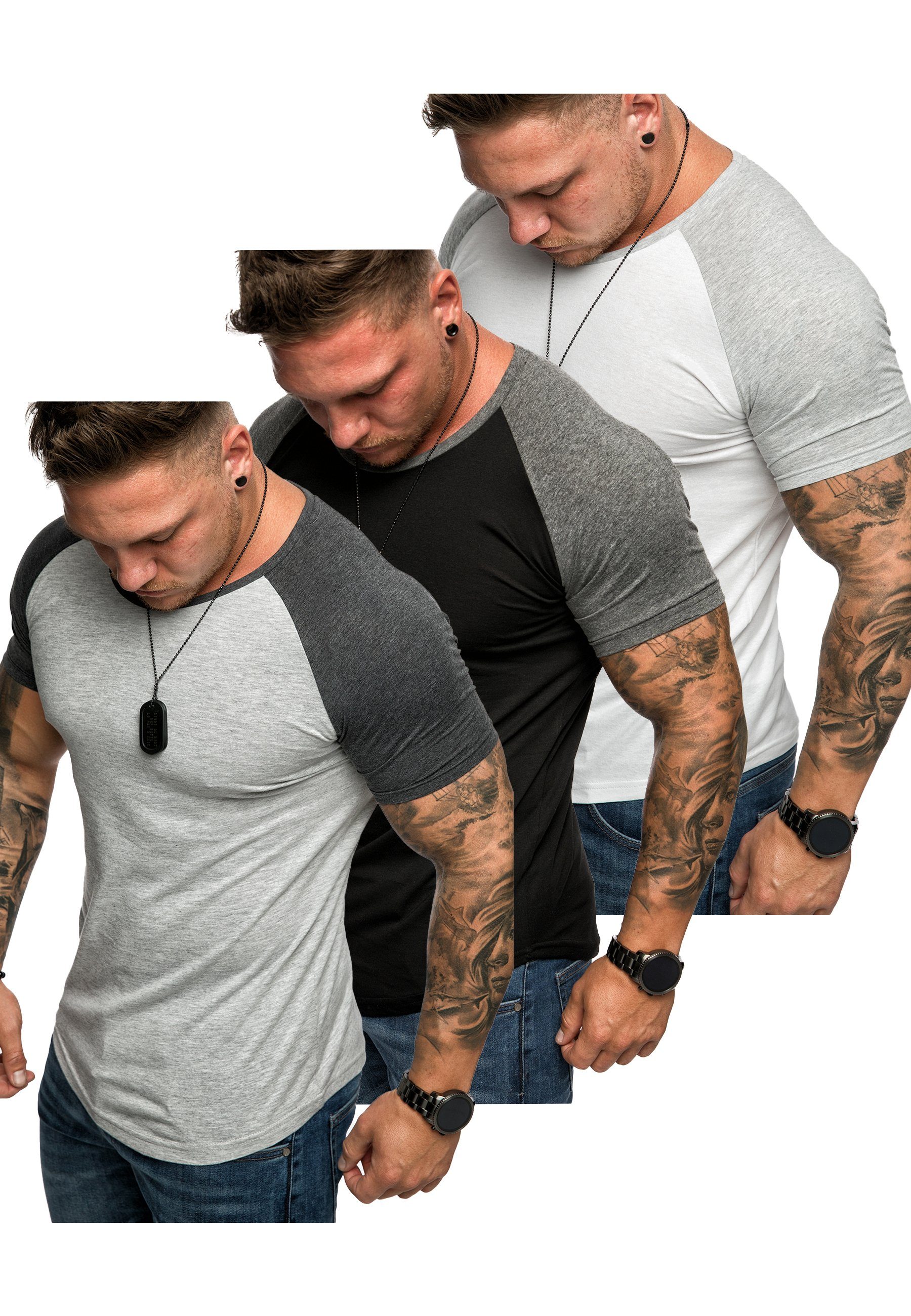 Weiß/Grau) Oversize T-Shirt Amaci&Sons + (3er-Pack) 3er-Pack 3. Herren OMAHA T-Shirts (Grau/Anthrazit Schwarz/Anthrazit T-Shirt Raglan Basic + Kontrast