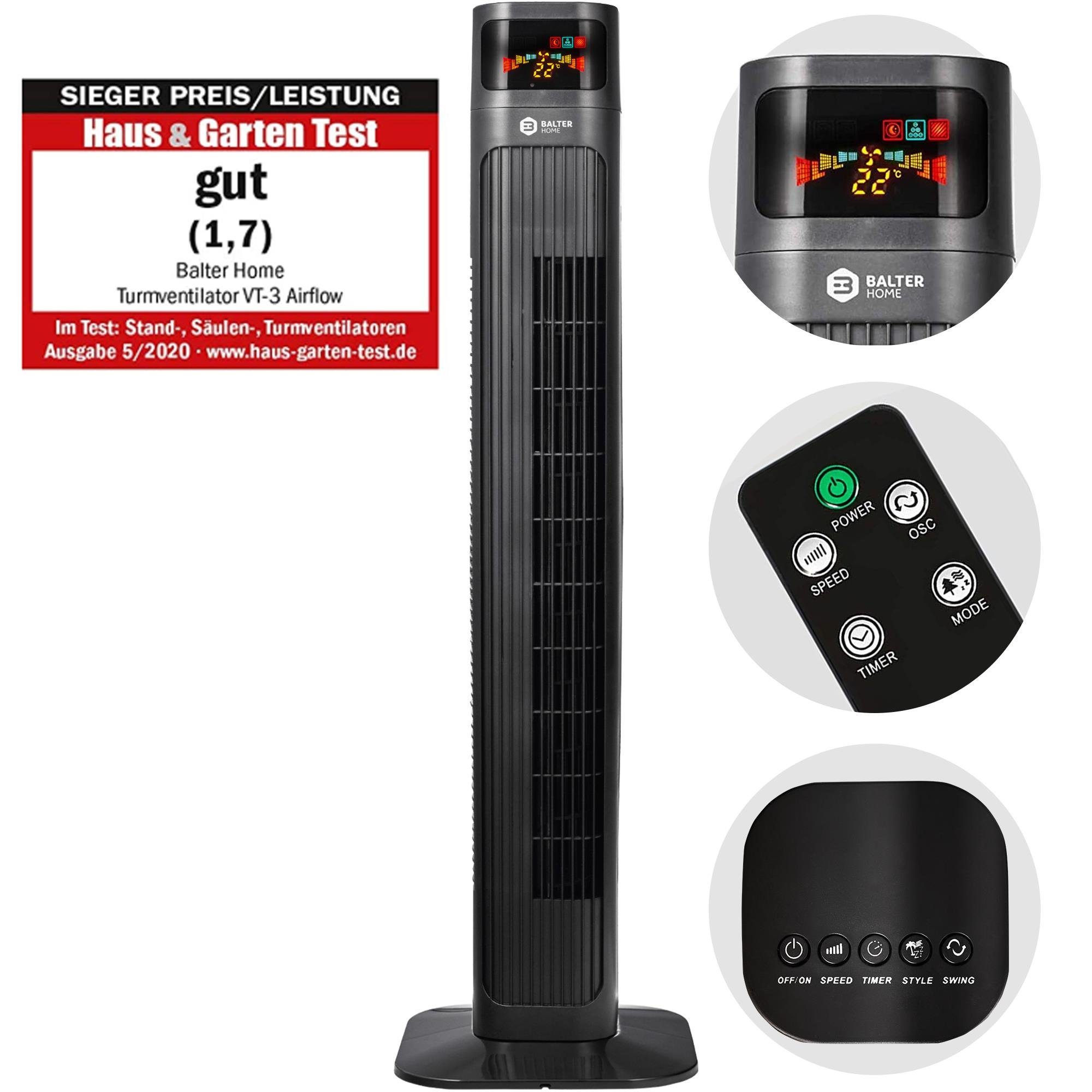 Balter Turmventilator VT-3, Turmventilator mit Fernbedienung, leise, Ventilator 98cm