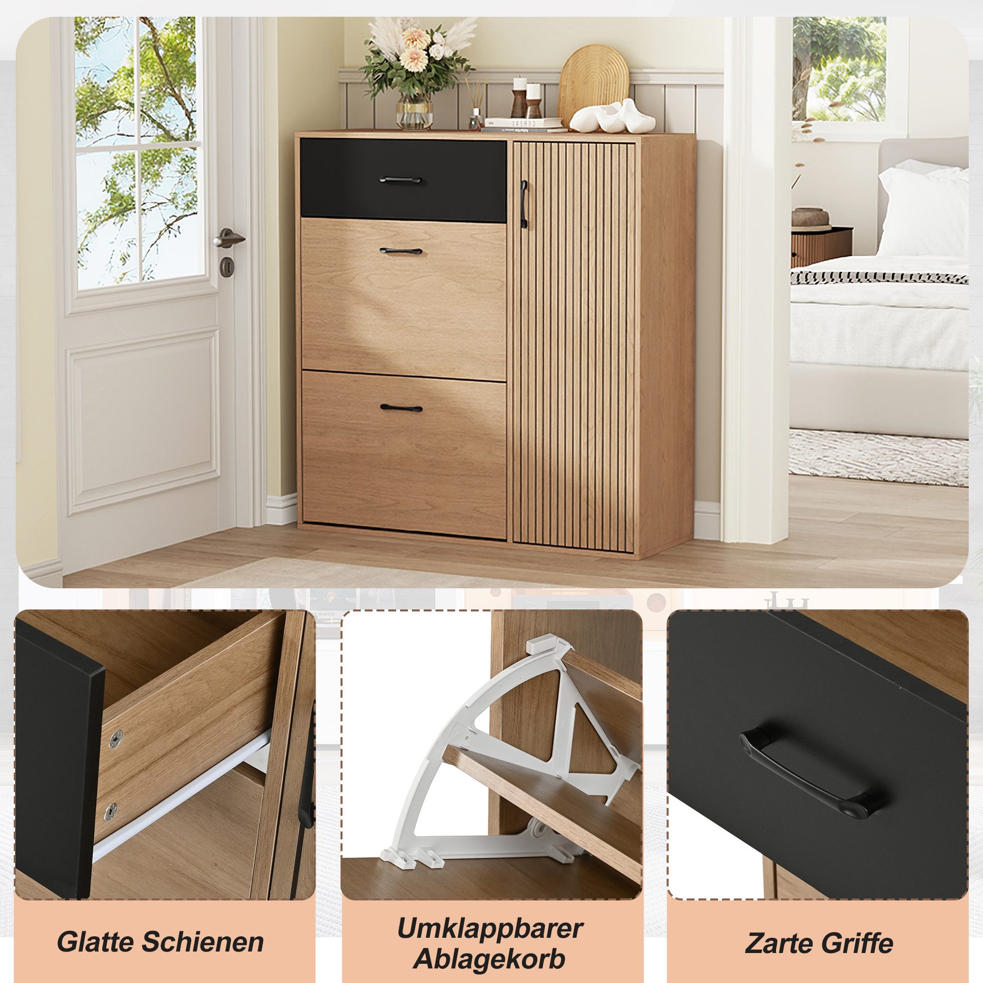 Merax Schuhschrank Naturholzoptik mit Schwarz, schmaler Schuhkipper, 100x35x106cm (Schuhaufbewahrung für Flur und Eingangsbereich, 1-St) Schuhschrank mit 2 Klap – Bild 5 von 5