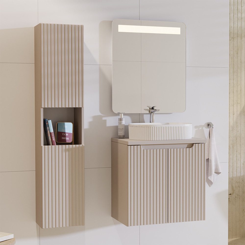 Lomadox Badmöbel-Set NEWPORT-56-CASHMERE, (Spar-Set, 3-St., Hochschrank LED günstig online kaufen