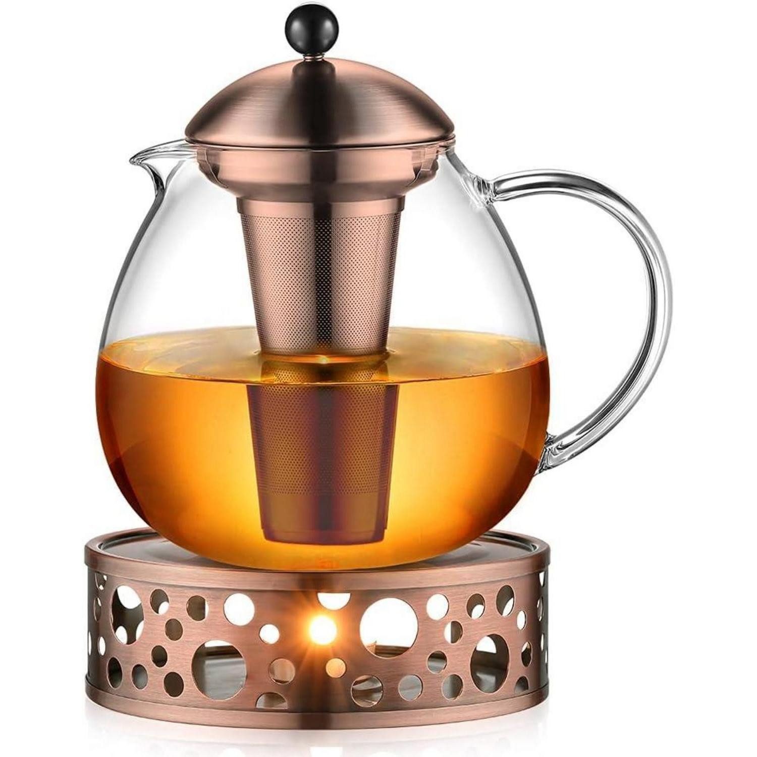 glastal Teestövchen 1500ml Bronze Teekanne mit Stövchen aus Glas und Edelstahl