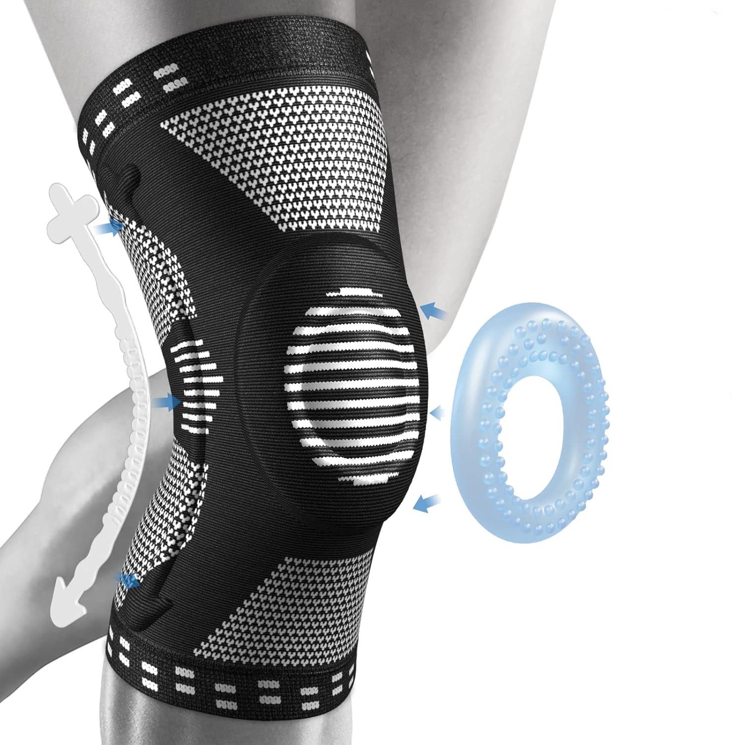 LA CUTE Kniebandage Professionelle Kniebandage mit Patella-Pad & Kompressions-Stützsystem (Unisex-Kompressionsbandage zur Stabilisierung & Schmerzlinderung, Mittlere bis hohe Unterstützung – ideal für Sport & Reha), Kompressions-Kniebandage mit Gel-Pad & Federstabilisatoren für Sport