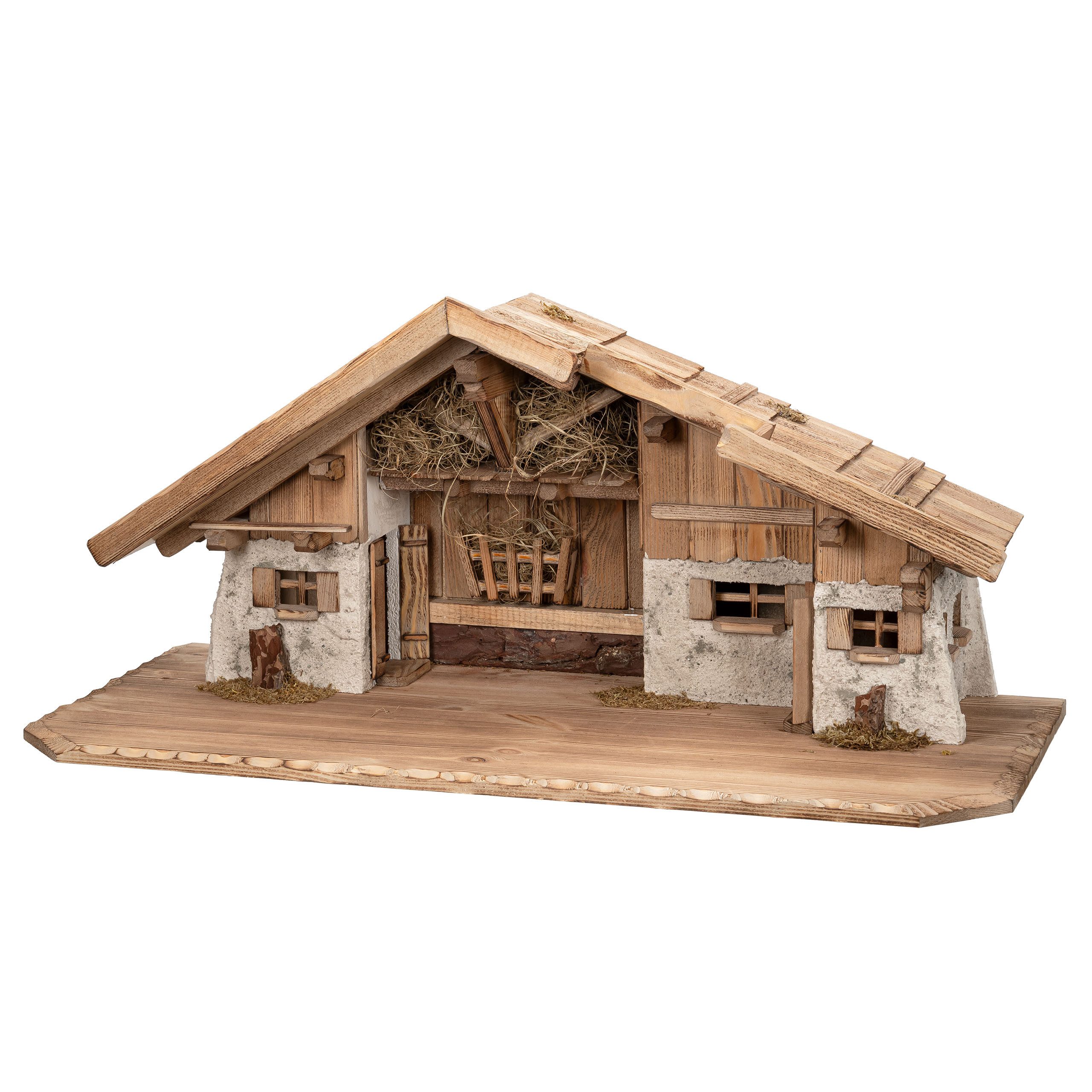 kamelshopping Krippe Große Weihnachtskrippe, aus Holz und Gips gefertigt, mit Moos, Steinen und Stroh geschmückt, sehr detailreiche Krippe