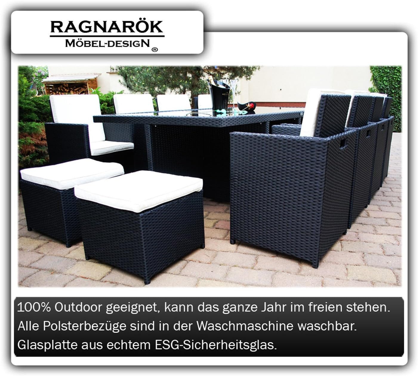 Ragnarök Möbel-Design Garten-Essgruppe Premium Gartenmöbel Heimdall 8+4 Aluminium Olefin 10 Jahre Garantie, (Set, 13-teilig: 8 Hochlehner, 4 Hocker, 1 XXL-Tisch inkl. Polster), XXL-Esstisch, Klapp-Hochlehner, breite Armlehnen, Alugestelle
