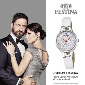 Festina Quarzuhr Festina Swarovski Elements F20334/1, (Analoguhr), Damen Armbanduhr rund, Lederarmband weiß