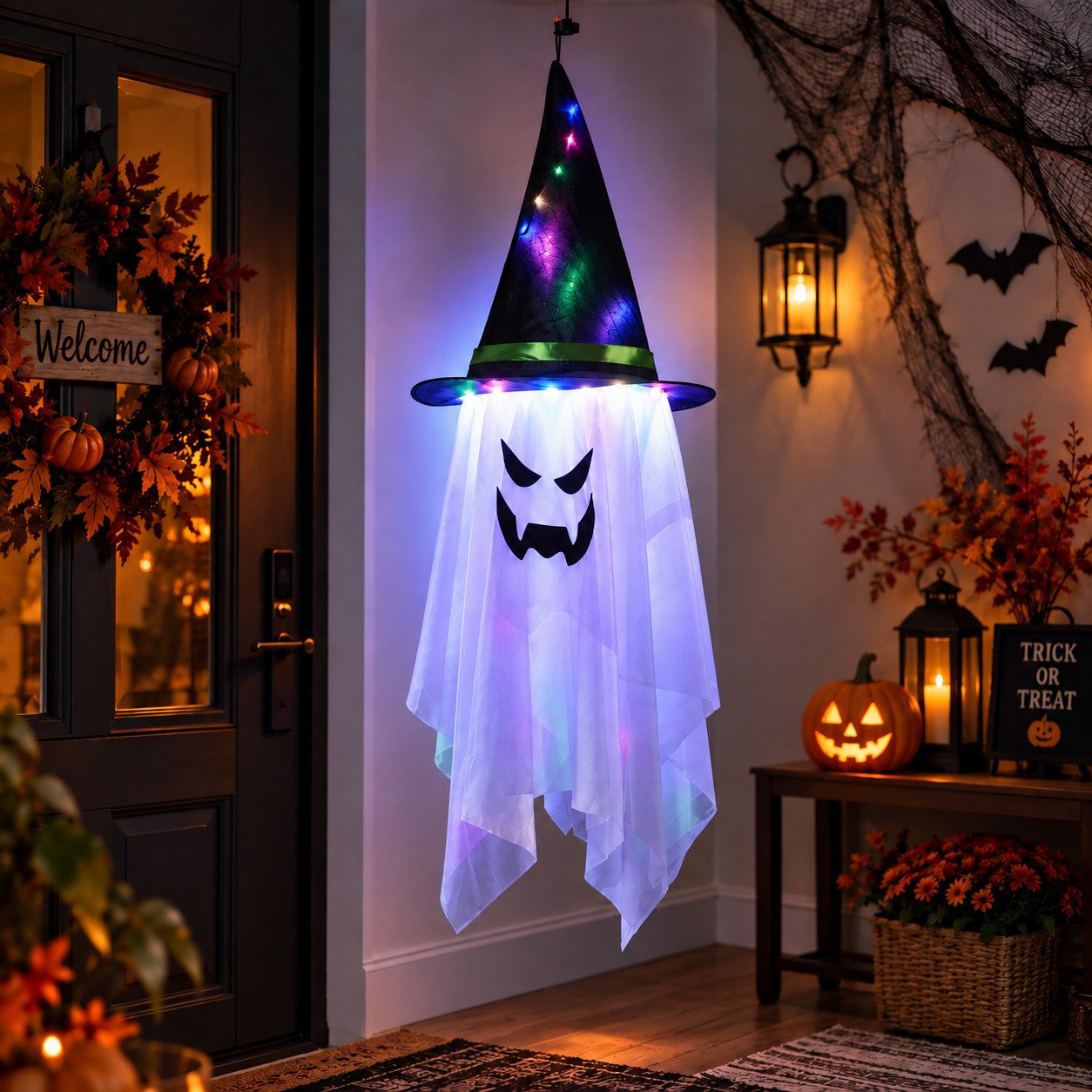 Rosnek LED-Lichterkette Halloween Deko Geist mit LED, Hexenhut, 3 Lichtmodi, batteriebetrieben, Gruselige Hängedeko für Garten, Balkon, Tür, Baum, Party & Bar