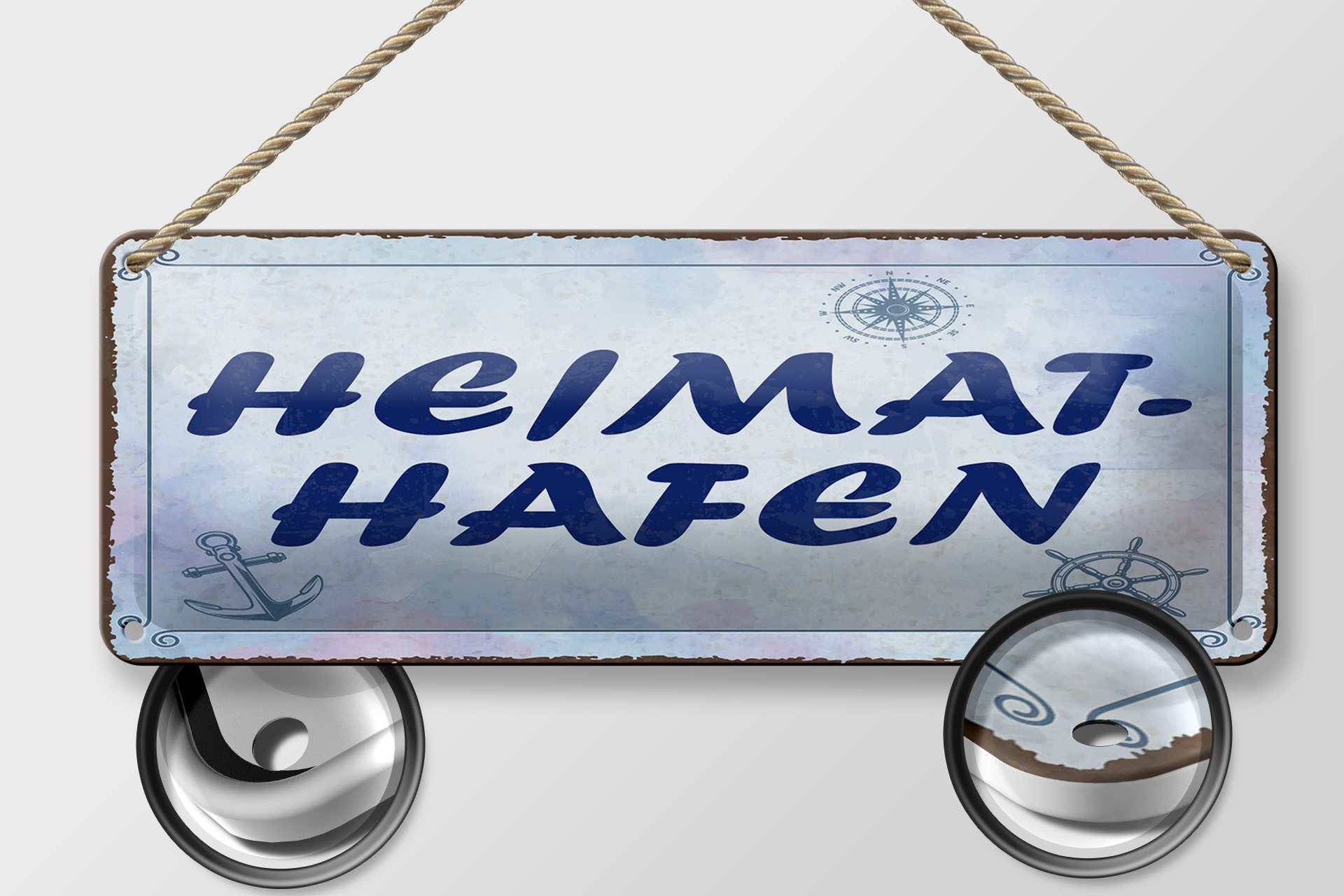 Femer GmbH Metallschild Spruch 27x10 cm Heimathafen blaues, (1 St), gewölbte Oberfläche, abgerundete Ecken, umgeschlagene Kanten