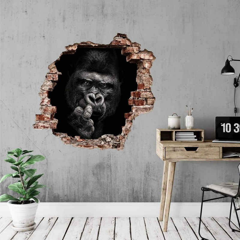 K&L Wall Art Wandtattoo »3D Wandtattoo Meermann Safari Tiere Gorilla schwarz weiß Silberrücken«, Mauerdurchbruch Wandbild selbstklebend
