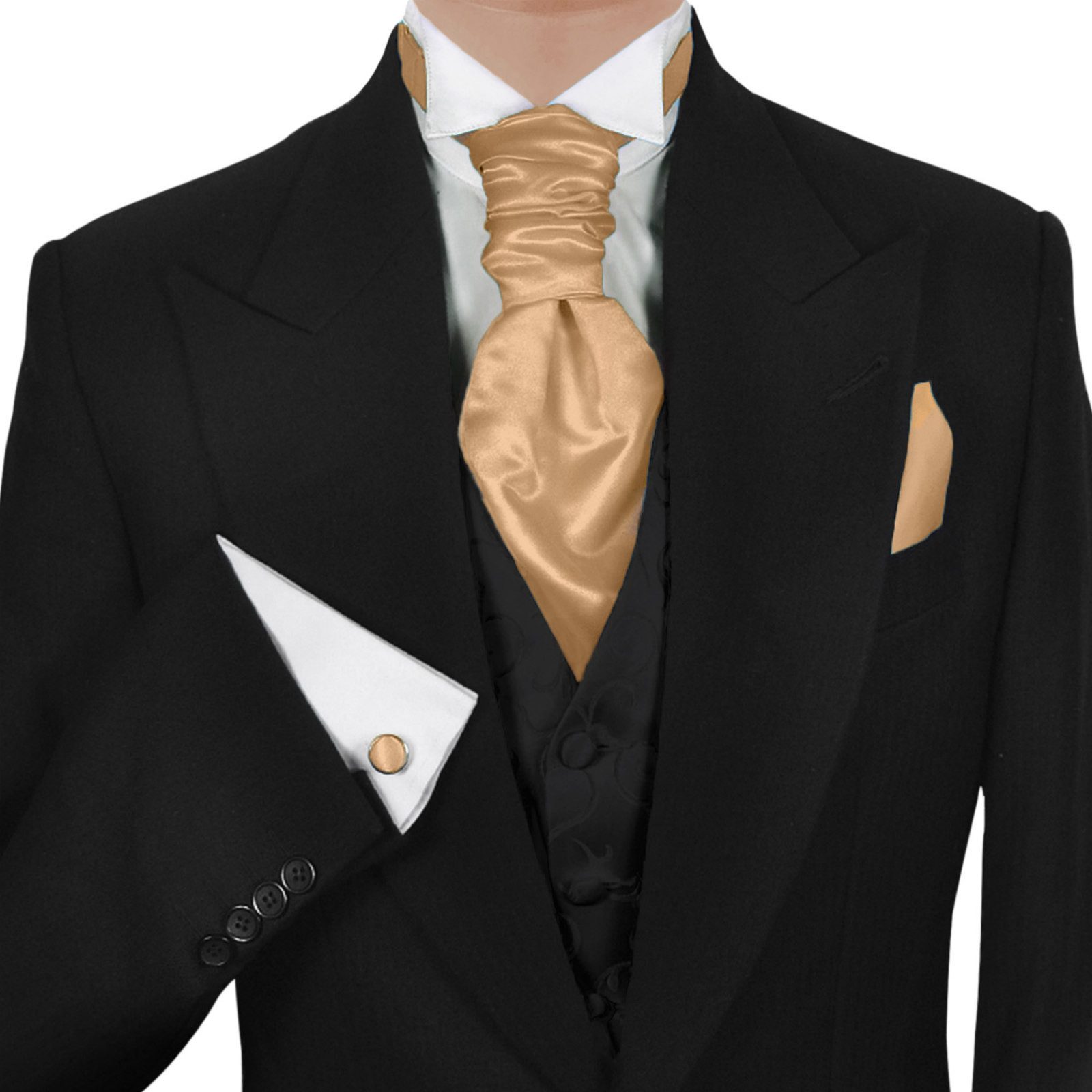 GASSANI Krawatte Satin Hochzeitskrawatte, Herren-Krawatte Hochzeit Plastron z Anzug (Set, 3-St., Ascot, Krawattenset, mit Einstecktuch, Manschettenknöpfe) 12cm Breite Plastronette, Uni, Seide-Touch-Finish, Vorgebunden