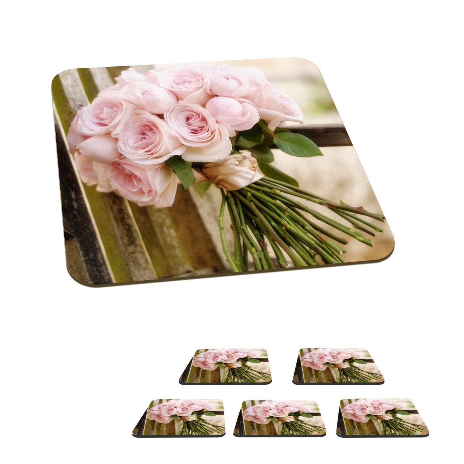 auf 6-tlg., Ein Holzbank, Glasuntersetzer MuchoWow Tasse Rosen Blumenstrauß einer Untersetzer, rosa Korkuntersetzer, Gläser, aus Zubehör für Glasuntersetzer, Tischuntersetzer,
