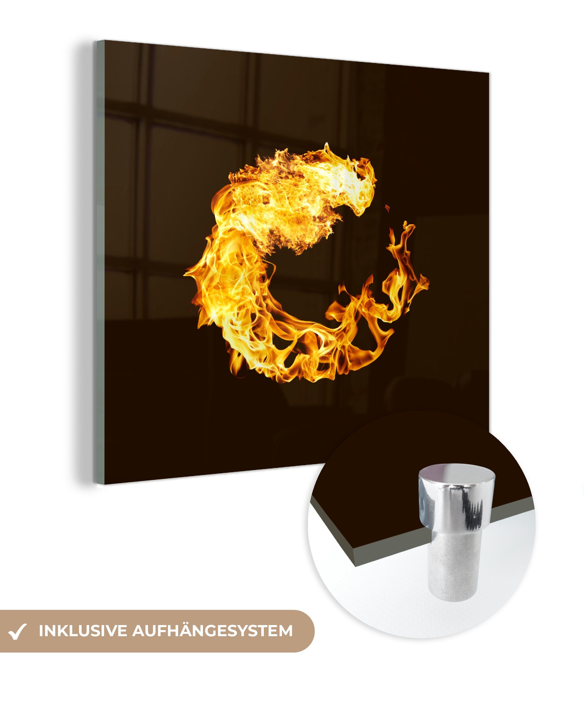 MuchoWow Acrylglasbild Gelbe Flammen des Feuers bilden einen Kreis auf schwarzem Hintergrund, (1 St), Glasbilder - Bilder auf Glas Wandbild - Foto auf Glas - Wanddekoration