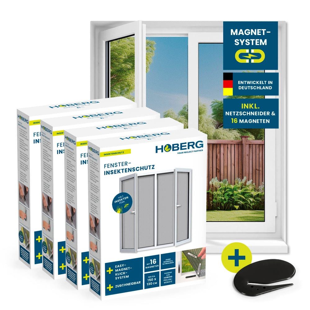 Hoberg Insektenschutz-Fensterrahmen Fenster-Fliegengitter mit innovativer Magnetbefestigung, (4-St), Fliegennetz bis 150x130cm individuell zuschneidbar