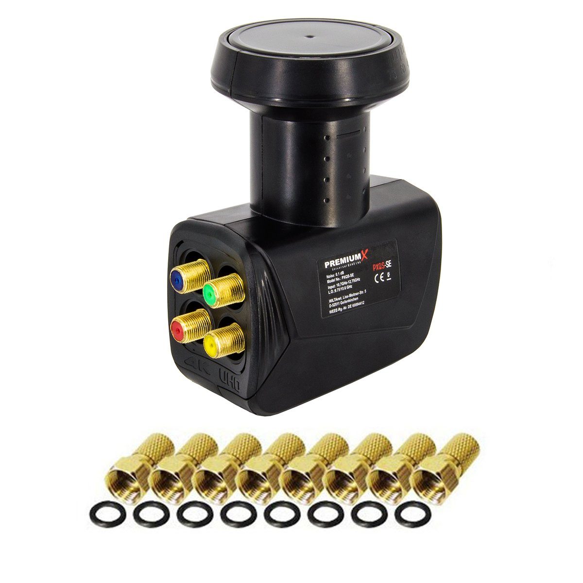 PremiumX Quad LNB SAT für 4 Teilnehmer DVB-S2 HD 4K inkl. 8x F-Stecker Monoblock-LNB