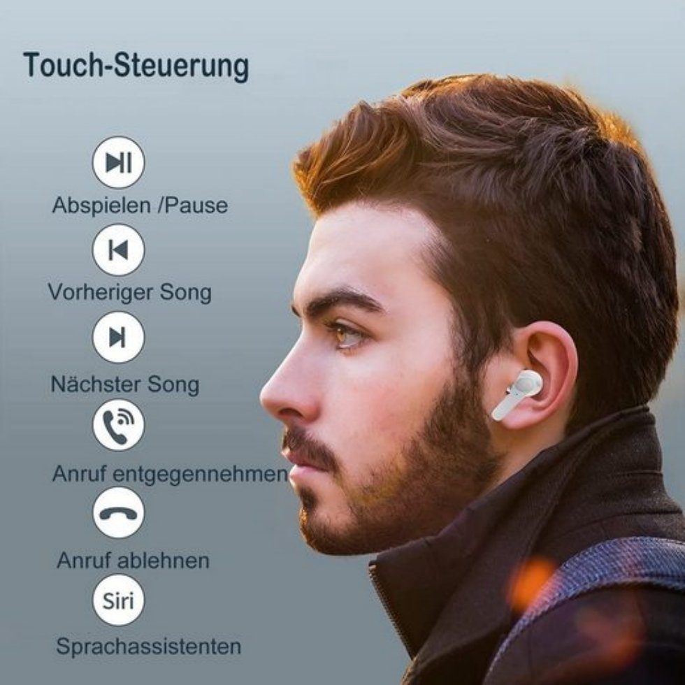 OKWISH Wireless Kopfhörer Headset Anrufe Bluetooth und Stereo Touch) Ohrhörer Musik, Wireless, Bluetooth-Kopfhörer Weiß Wasserdicht, Voice für Steuerung HiFi Assistant, Bluetooth, (True Ladestandsanzeige, Earbuds LED