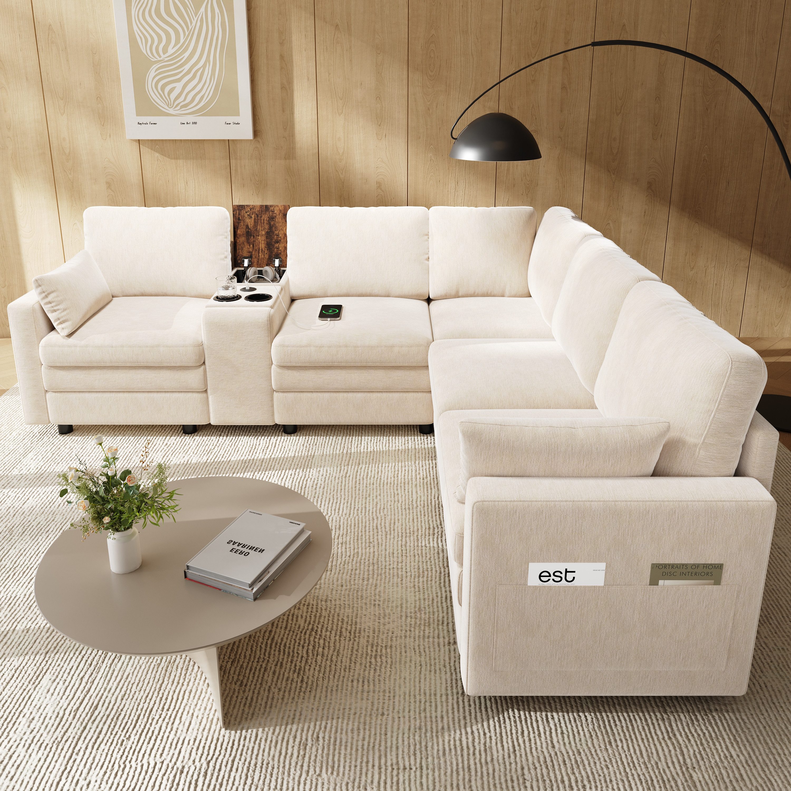 i@home Ecksofa 5-Sitzer-Sofa, USB-Anschlüssen & Getränkehaltern, Wendbare Mittelkonsole mit Stauraum