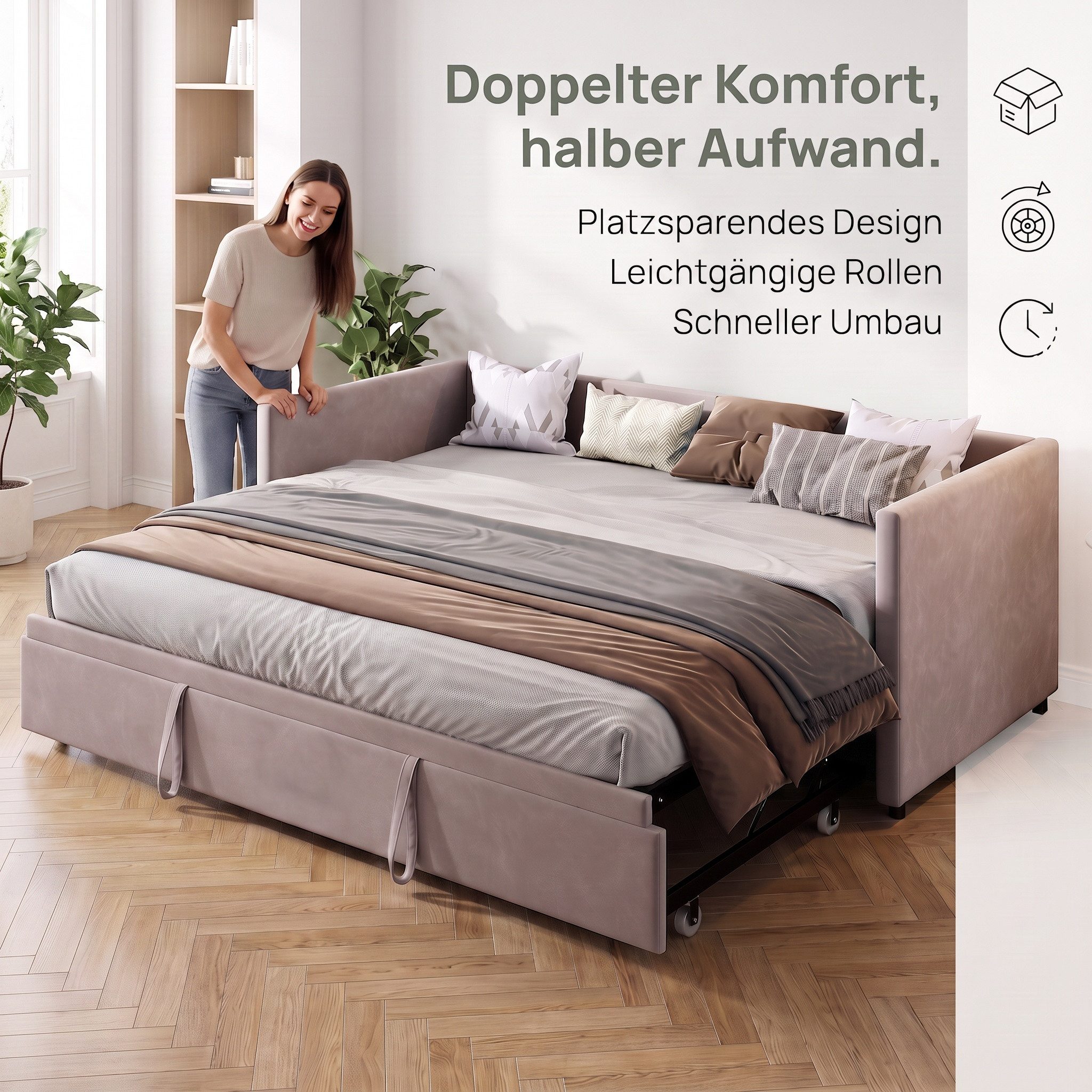 Furnishings Home Polsterbett Daybett Tagesbett Ausziehbett (1 tlg), Schlafsofa, Mit Unterbett, 90x200 cm/180x200 cm, Lattenrost, Samt