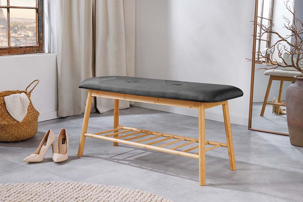 riess-ambiente Schuhbank ZEN-BO 90cm natur/grau - Bambus, FSC, Regal, Sitzbank, mit Stauraum (Einzelartikel, 1-St), Gepolsterte Garderobenbank aus Massivholz - ideal für Eingangsbereich