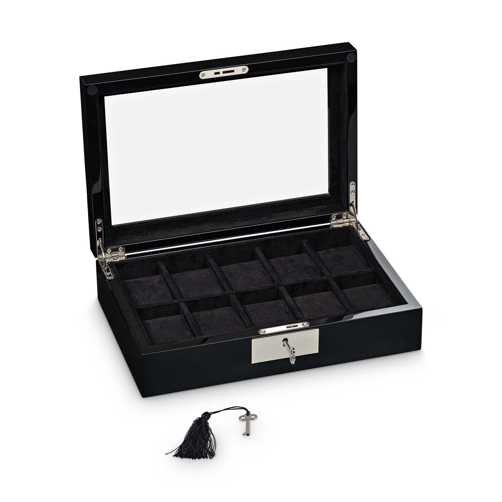 Hermann Jäckle Uhrenbox Ensingen – für 10 Uhren, Glasfenster, schwarz hochglanz (2386-10-BL)