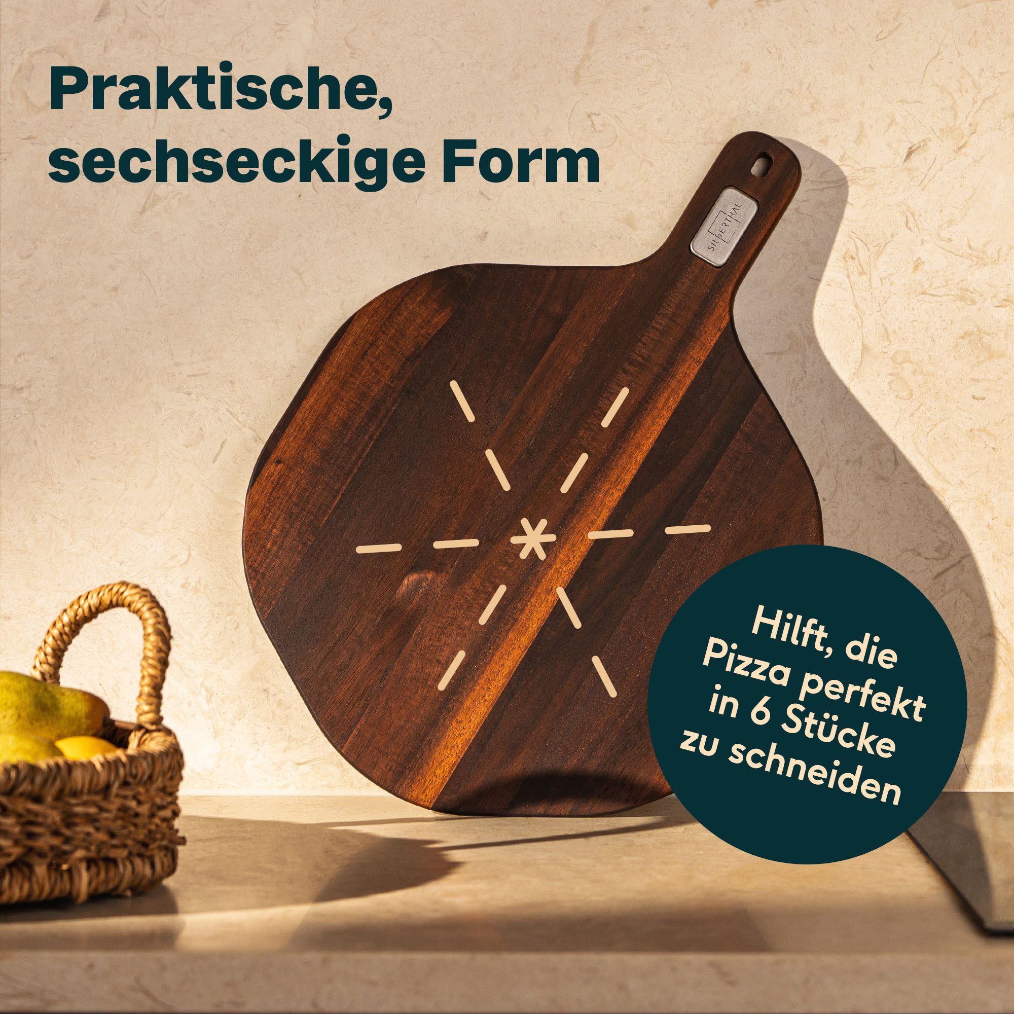 SILBERTHAL Servierbrett & Pizzabrett 30 cm zum Servieren, Schneidbrett aus Akazienholz, Akazienholz, (1-St), 6-Eck-Design für Pizza, Wurst & Käse, Natürlich und Splitterfest